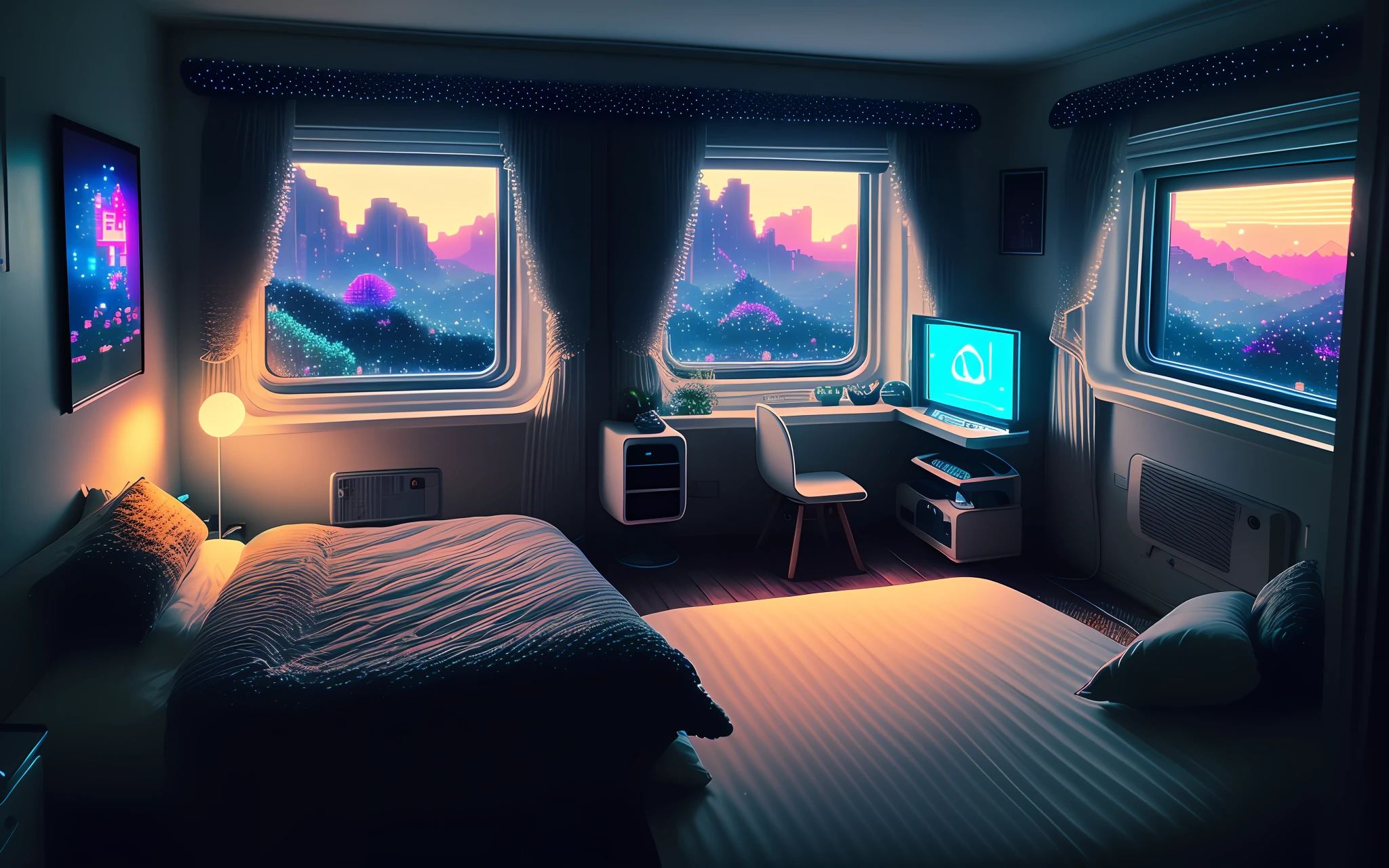 photo of a cozy upscale Atari-64 neo-gameboy futurism bedroom