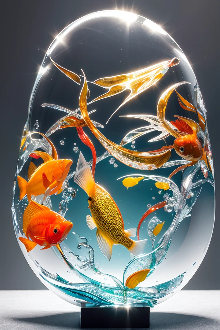 ultra-realistic glass sculpture of a tropical fish, transparent and detailed, masterpiece, blown glass,crystal, glass figure, orange color, white color, trapped in a water bubble, translucent, black background