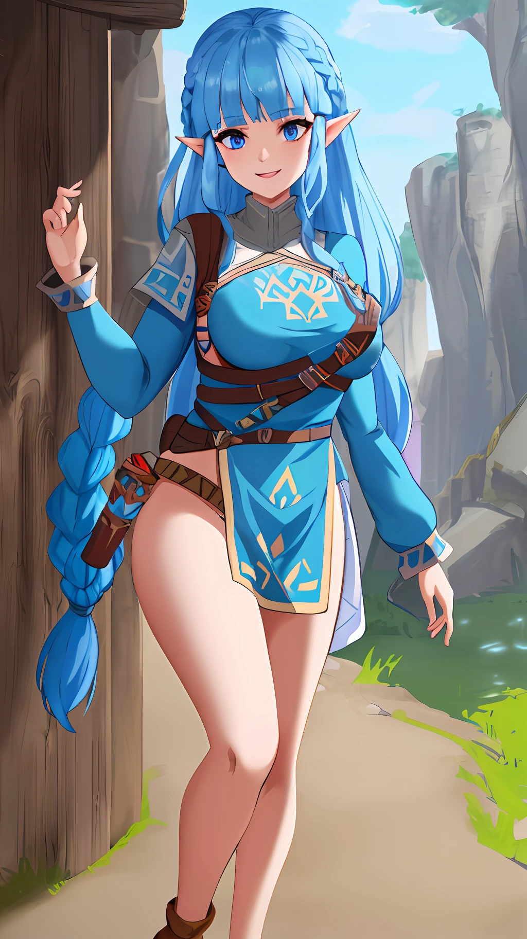 8k, full body shot of woman in a Dungeon in zelda breath of the wild, blue eyes, blue hair braided hair, XL bust, Unreal engine 5, Anime, Game, masterpiece, looking at viewer, smiling, de facing spectators, holding guns.
