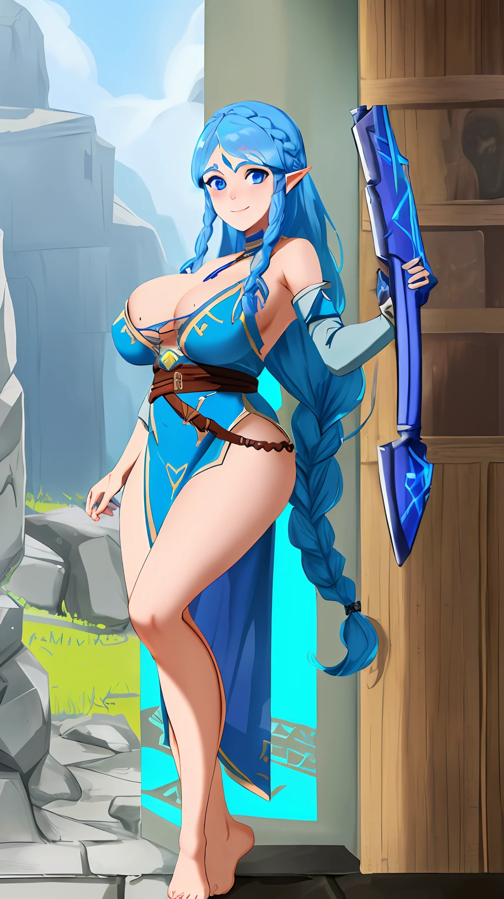 8k, full body shot of woman in a Dungeon in zelda breath of the wild, blue eyes, blue hair braided hair, XL bust, Unreal engine 5, Anime, Game, masterpiece, looking at viewer, smiling, de facing spectators, holding guns.