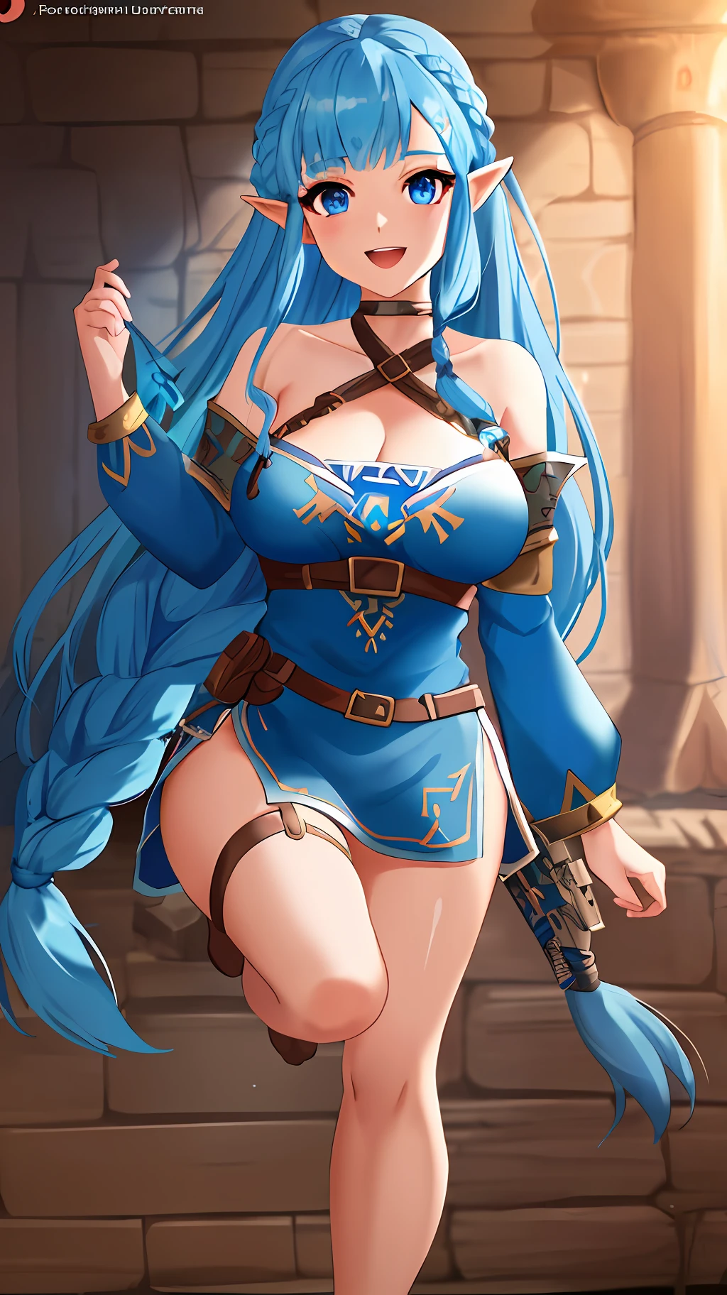 8k, full body shot of woman in a Dungeon in zelda breath of the wild, blue eyes, blue hair braided hair, XL bust, Unreal engine 5, Anime, Game, masterpiece, looking at viewer, smiling, de facing spectators, holding guns.