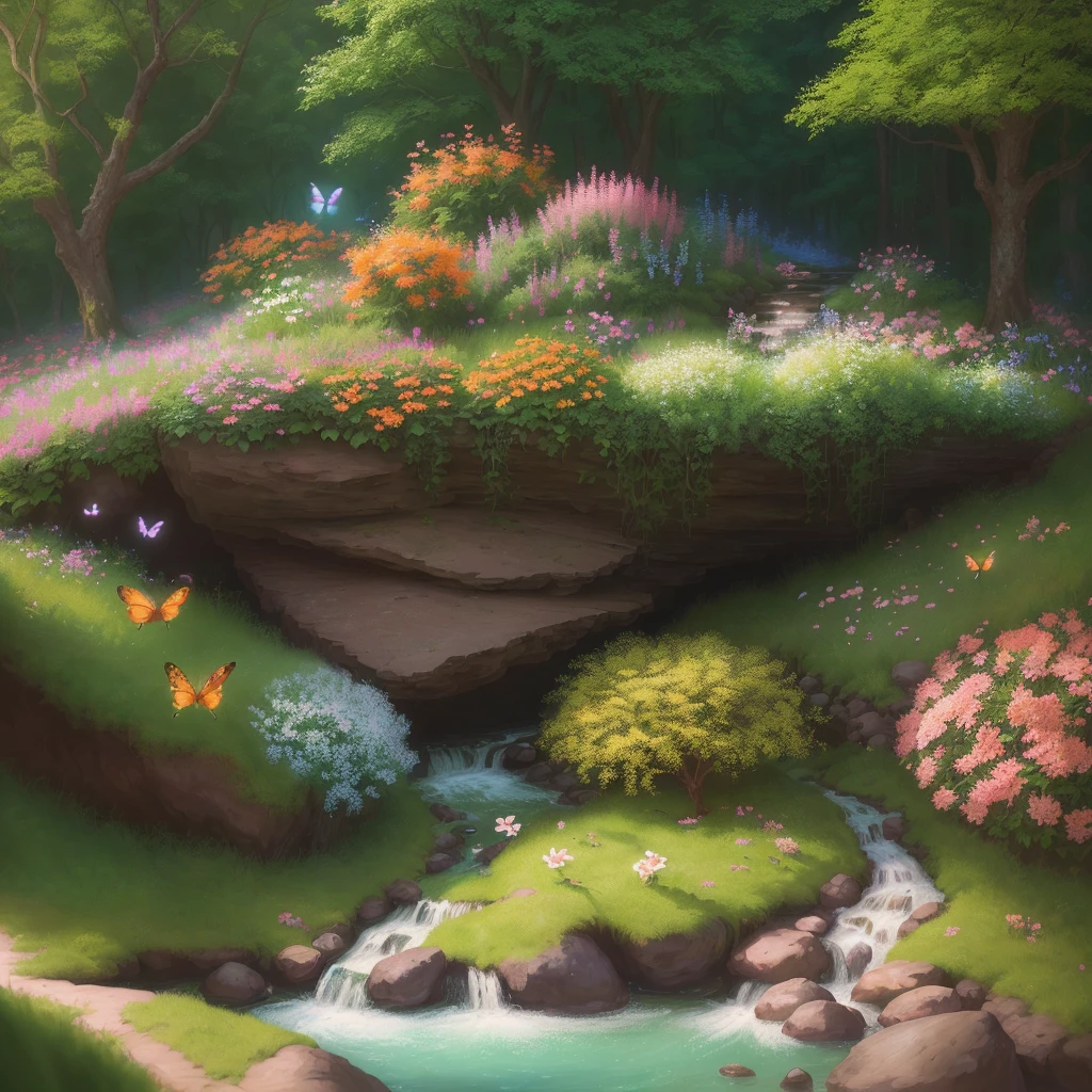 painting of a stream running through a lush green forest filled with flowers, floral environment, detailed digital painting, very detailed digital painting, flowers and waterfalls, beautiful digital painting, soft digital painting, whimsical fantasy landscape art, highly detailed digital painting, digital painting highly detailed, high detail digital painting, fantasy digital painting, anime nature, background art, 8 k resolution digital painting