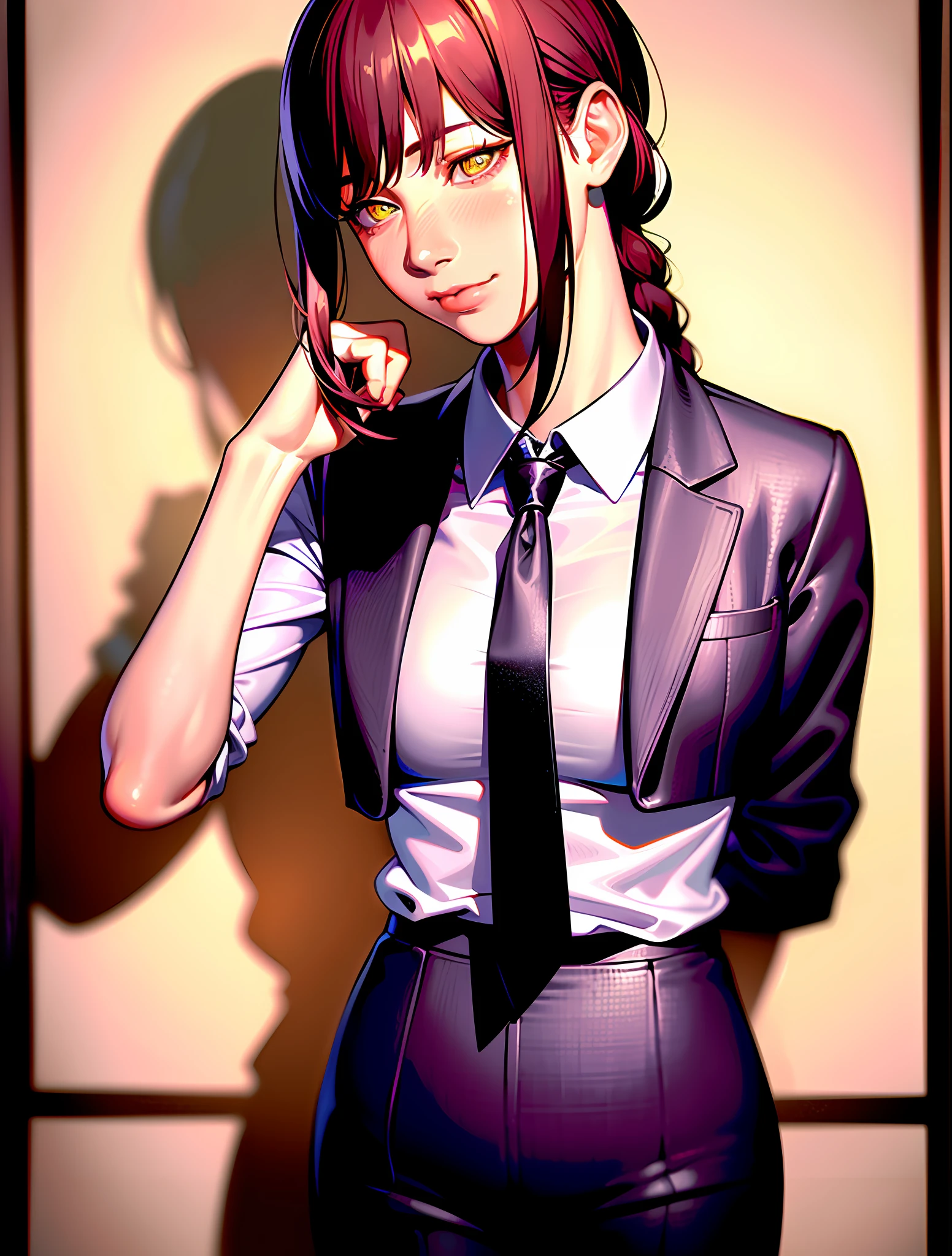 detailed shiny skin, (realistic, photo-realistic:1.4), a pretty girl, standing, looking out of window, white shirt, collared shirt, black necktie, black trousers, long sleeves, slight smile (nose blush), yellow eyes + ringed eyes, short hair + red hair + long braided hair, makima \(chainsaw man\)