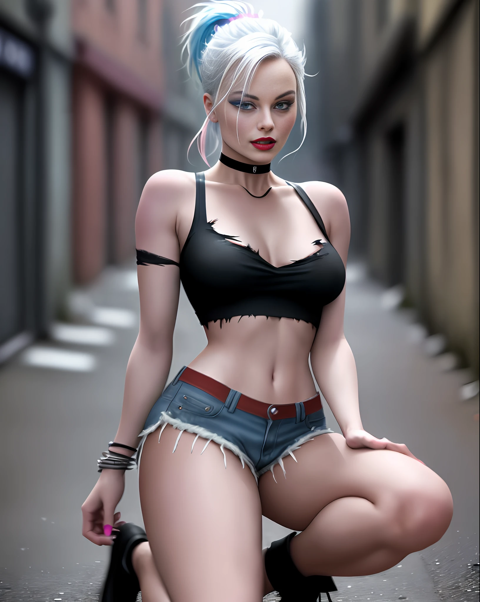 MARGOT ROBBIE, psychopathic laugh, pointy breasts, lipstick and makeup blurred, white hair tied up and divided into blue and pink, sexy white T-shirt, short ripped shorts, black bracelet, black choker, torn socks, boot, dark city at night, dark alley, newspapers on the floor, things dropped on the floor, empty street, city abandons, (photo with better quality, a masterpiece, sensual, ultra detailed, ultra realistic, depth of field, HD, photograph taken by Sony R7 camera with 85mm lenses), realistic style