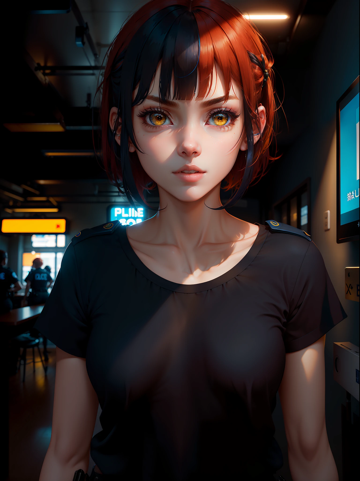 1girl, dressed in a white T-shirt over a police office blue shirt, (police pants), ((police uniform)), black shoes, 25 years old, ((beautiful extremely detailed face)), (adult face), 8k, (((masterpiece)), (((extremely high resolution))), (UHD))), (realistic), (difficulty 1.4), bright red hair, styled hair, square, short hair, detailed, clear, beautiful, extremely detailed bright yellow eyes, long asymmetrical bangs, thin, slim,