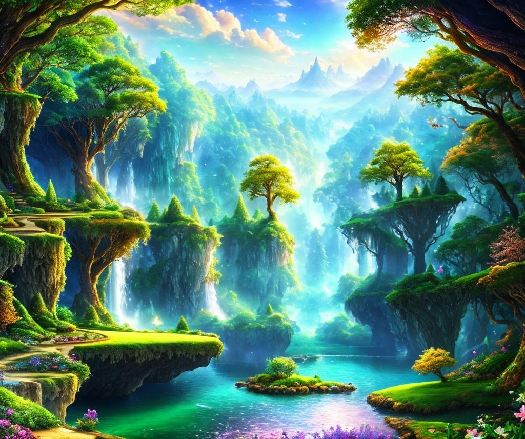 Best quality, high quality, extremely detailed CG unified 8k wallpaper, enchanting dream scenes of dream forest, towering trees, caves and hidden fairy canyons, creating a feeling of mystery and fascination, intricate and trending