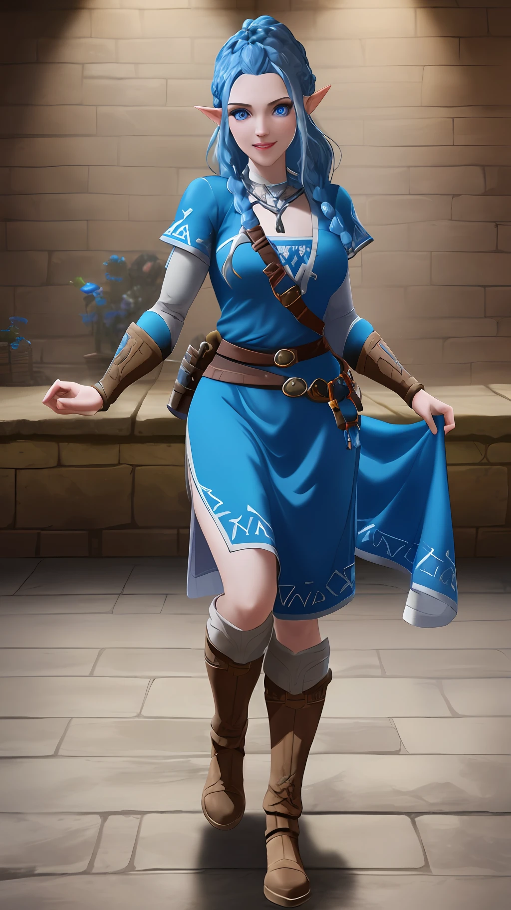 8k, full body shot of woman in a Dungeon in zelda breath of the wild, blue eyes, blue hair braided hair, XL bust, Unreal engine 5, Anime, Game, masterpiece, looking at viewer, smiling, de facing spectators, holding guns.