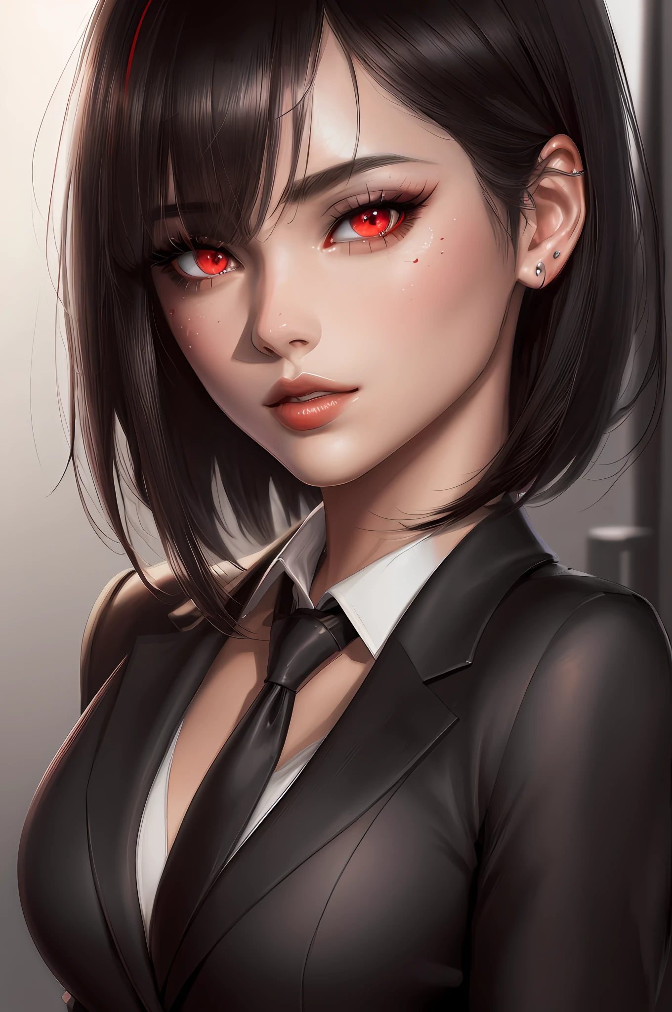 anime girl with red eyes and black suit posing for a picture, realistic anime artstyle, anime realism style, detailed digital anime art, realistic anime art style, with glowing red eyes, hyperrealistic schoolgirl, stunning anime face portrait, painted in anime painter studio, realistic artstyle, anime style portrait, smooth anime cg art, fanart best artstation