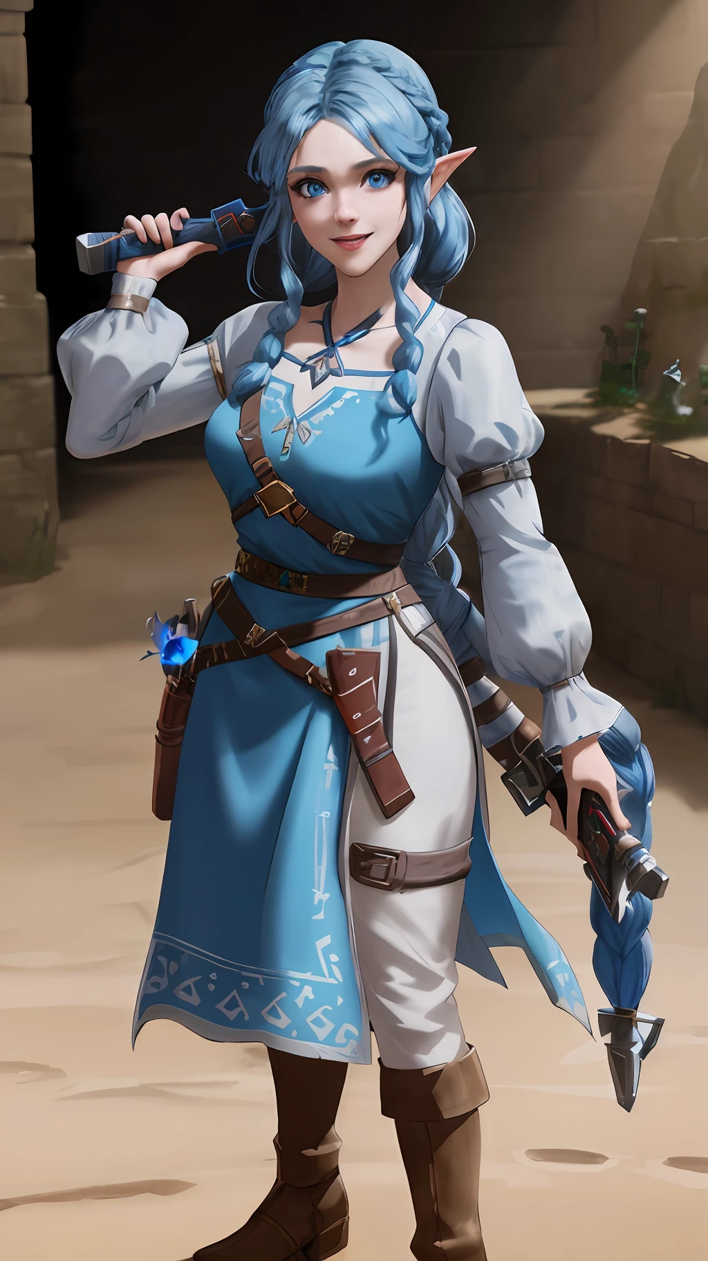 8k, full body shot of woman in a Dungeon in zelda breath of the wild, blue eyes, blue hair braided hair, XL bust, Unreal engine 5, Anime, Game, masterpiece, looking at viewer, smiling, de facing spectators, holding guns.