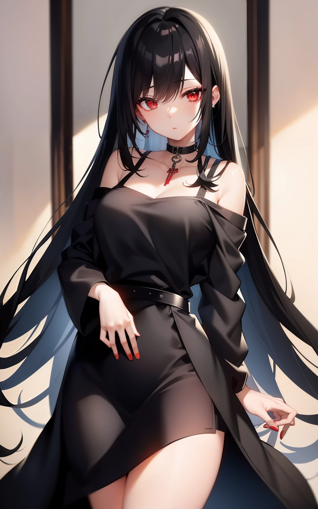 Female, black hair, red eyes, black dress, anime