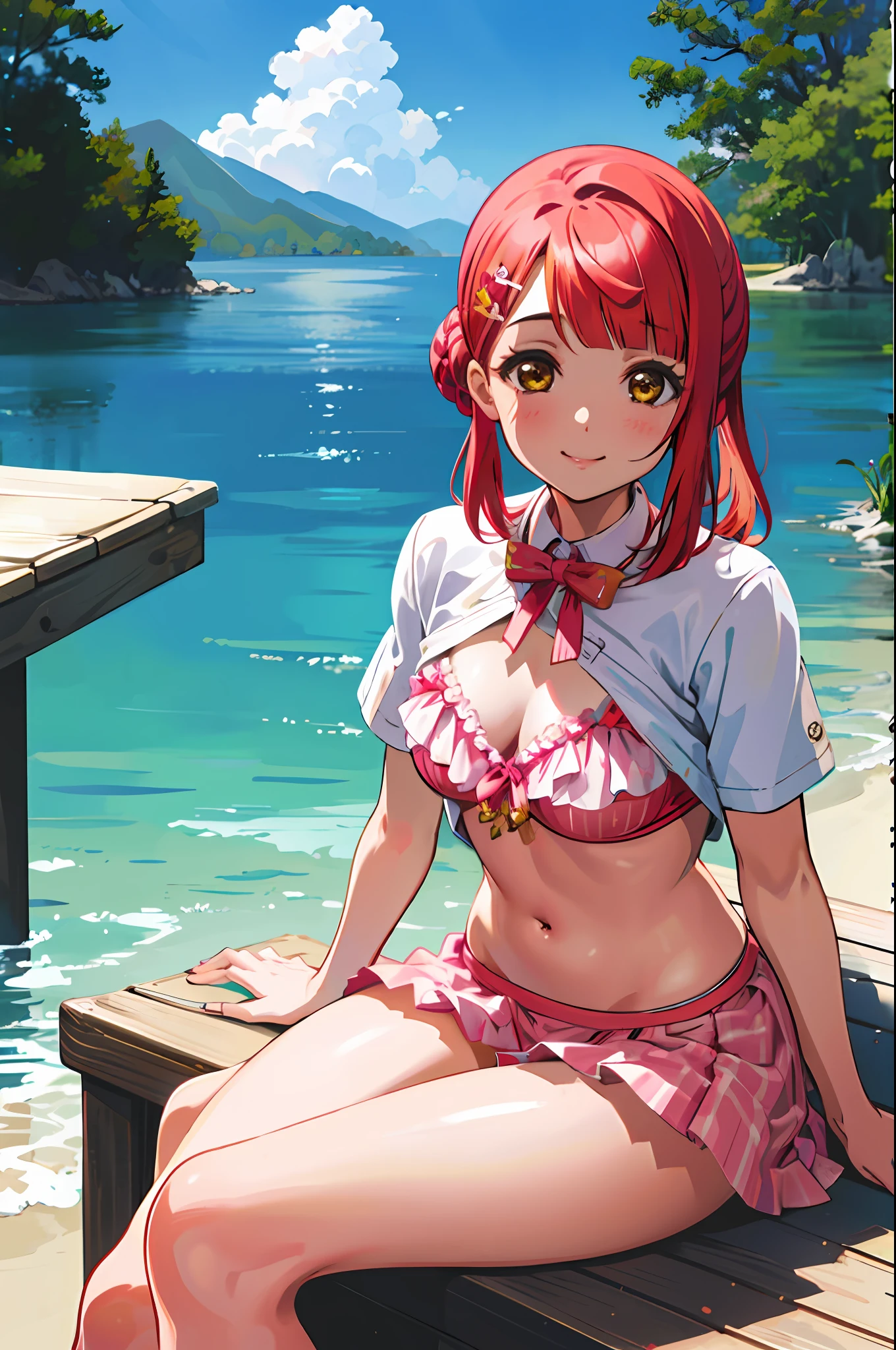 (masterpiece, best quality), illustration, ayumu, uehara ayumu, 1girl, solo, pink hair, yellow eyes, single side bun, braided bun, hairclip, smile, pink bikini, frilled bikini, sitting, ocean, water,