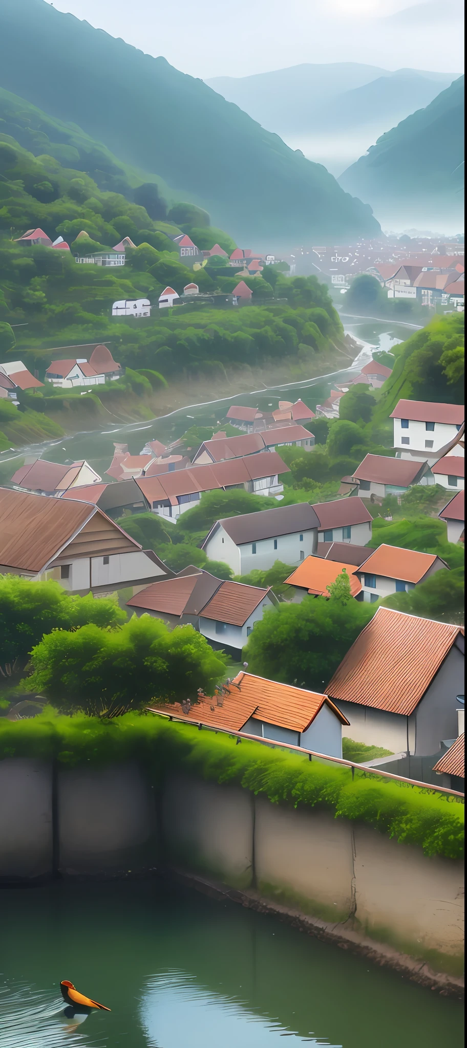 Nice scenery in the morning with village with birds