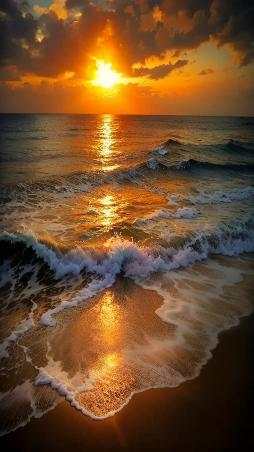 An absolutely mesmerizing sunset over the beach, with a blend of oranges, pinks, and yellows filling the sky. Crystal-clear waters of the sea gently kissing the shore, with sandy white beach stretching far and wide. The scene is dynamic and breathtaking, with seagulls soaring high in the sky and gently swaying palm trees. Take in the calming atmosphere and let the peacefulness wash over you.