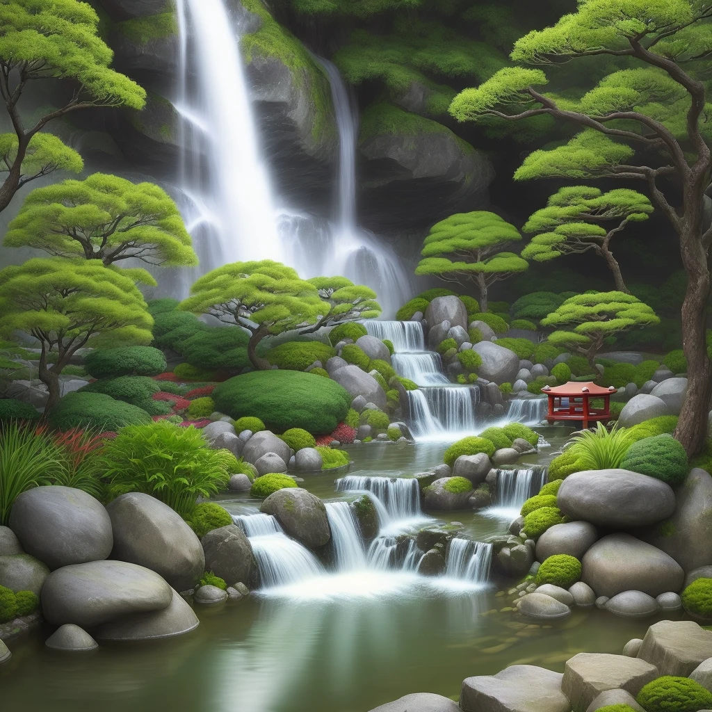 japanese garden, waterfall, vegetables, water, japanese cuisine, 4k, volumetric lightning, masterpiece,