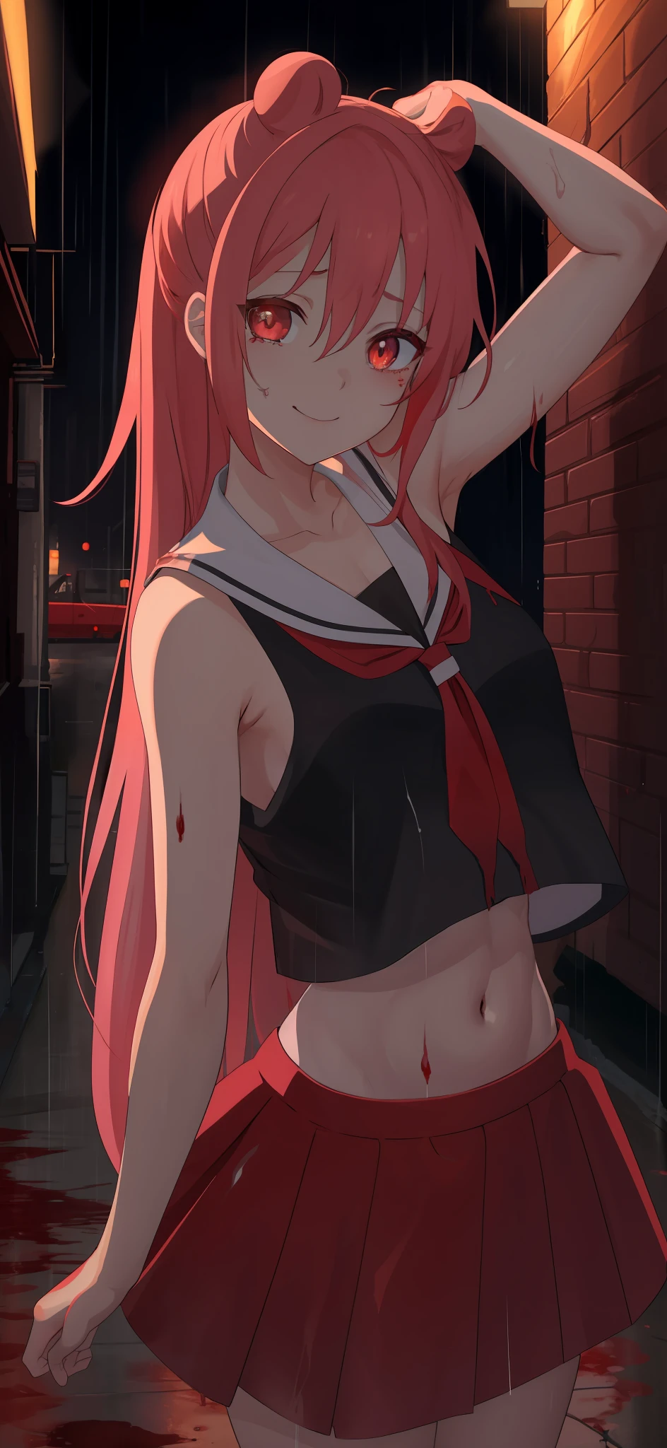 masterpiece, best quality, looking at viewer, bare legs, 1girl, solo, upper body, bow, black serafuku, smiling, night time, heavy rain, outdoors, city, crop top, navel, wet clothes, drenched, hands behind back, blood tears, blood marks, dark alleyway, blood splattered on the ground, red bright light, glowing eyes, depth of field, armpits