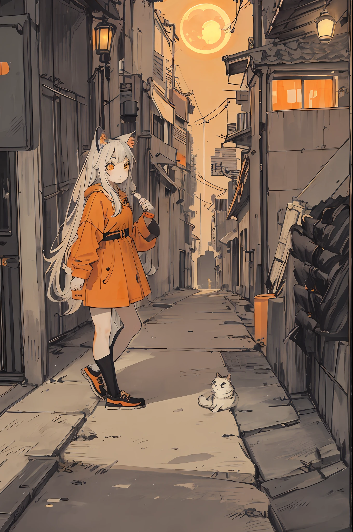 cat,orange,cute,big eyes,masterpiece,full moon,alley,cyberpunk