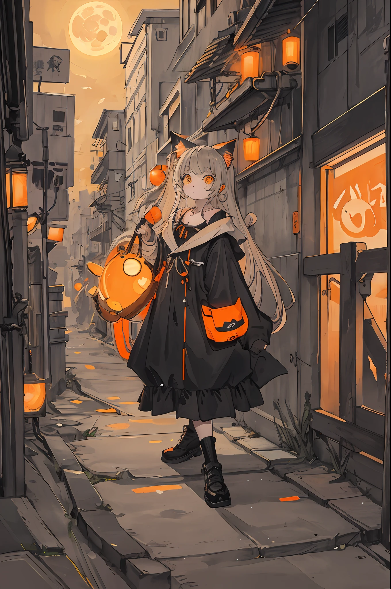 cat,orange,cute,big eyes,masterpiece,full moon,alley,cyberpunk