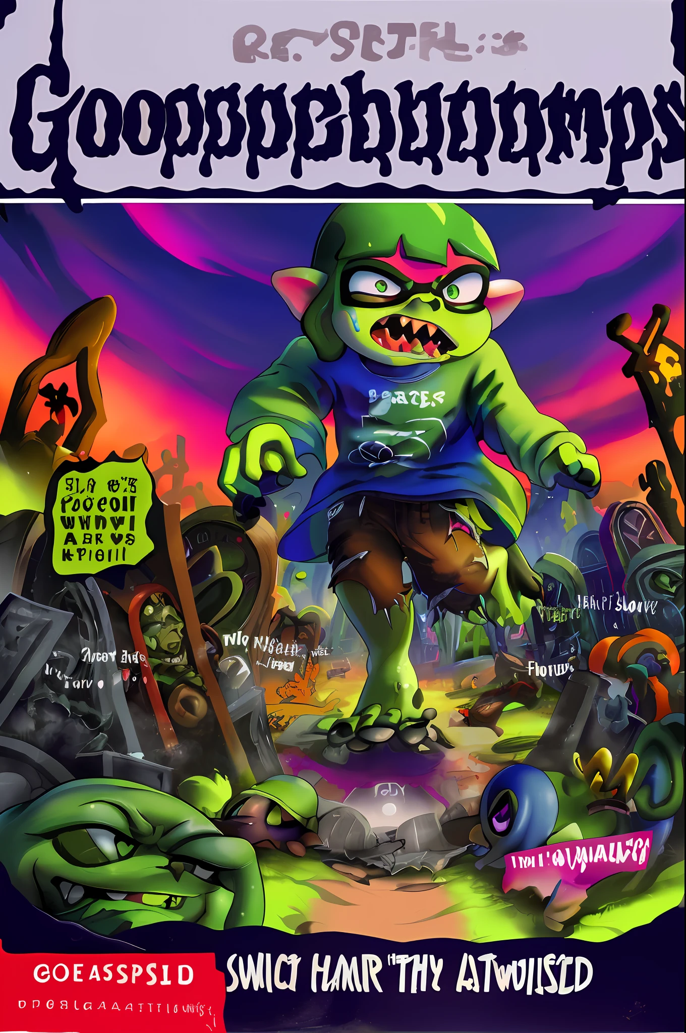 GoosebumpsBookCover attack of the graveyard ghouls,Inkling,splatoon,inkling,detailed,graveyard ghouls as inklings,a hand coming out of the ground,reaching out for you,with torn up clothes, wrinkly green skin,in the splatsville graveyard,walking towards inkpolis,