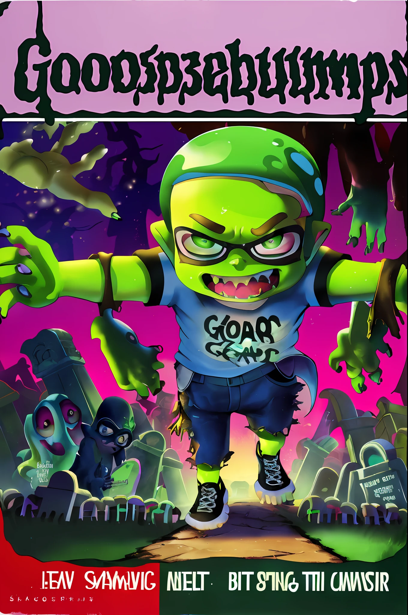 GoosebumpsBookCover attack of the graveyard ghouls,Inkling,splatoon,inkling,detailed,graveyard ghouls as inklings,a hand coming out of the ground,reaching out for you,with torn up clothes, wrinkly green skin,in the splatsville graveyard,walking towards inkpolis,