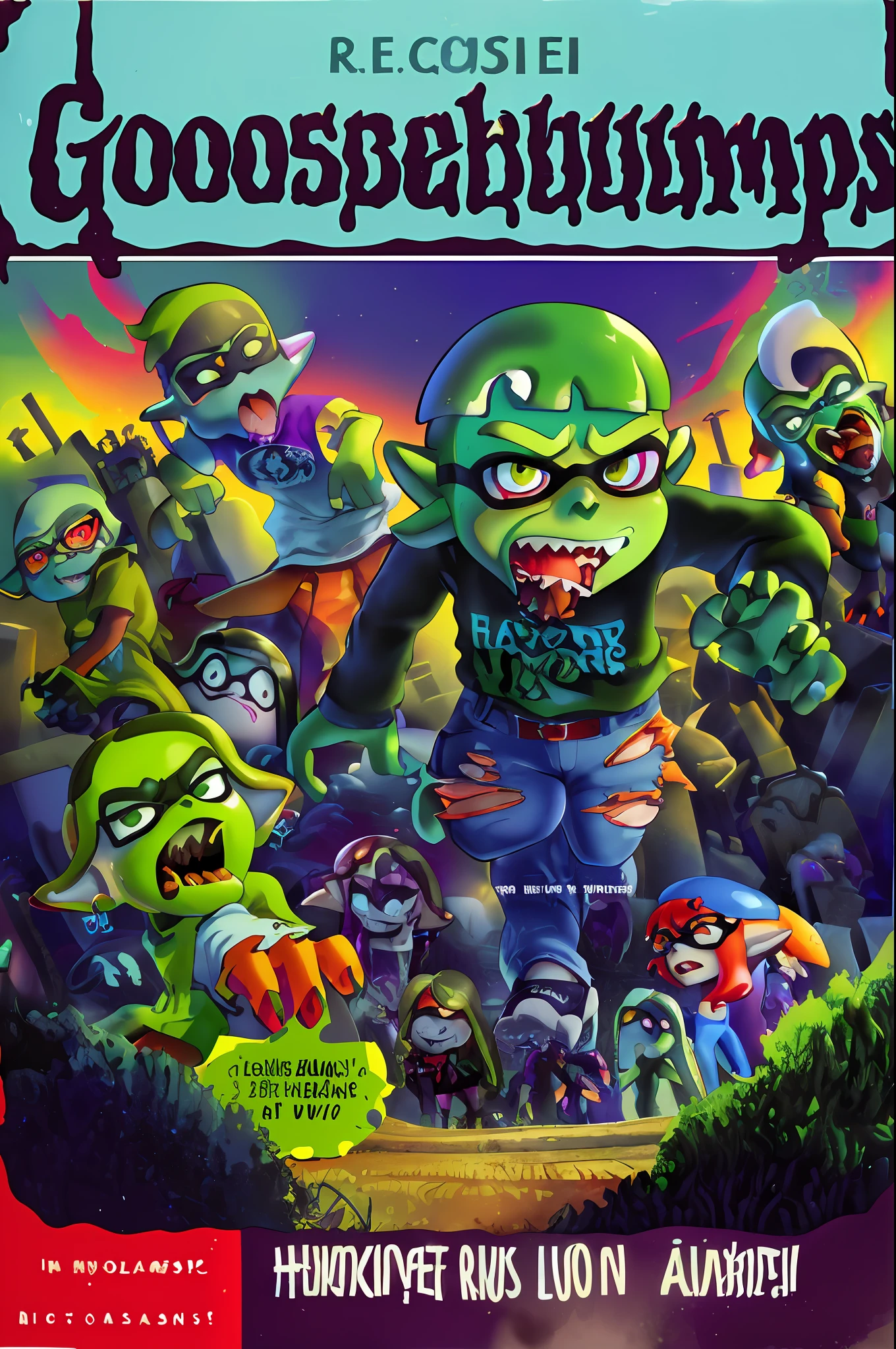 GoosebumpsBookCover attack of the graveyard ghouls,Inkling,splatoon,inkling,detailed,graveyard ghouls as inklings,a hand coming out of the ground,reaching out for you,with torn up clothes, wrinkly green skin,in the splatsville graveyard,walking towards inkpolis,