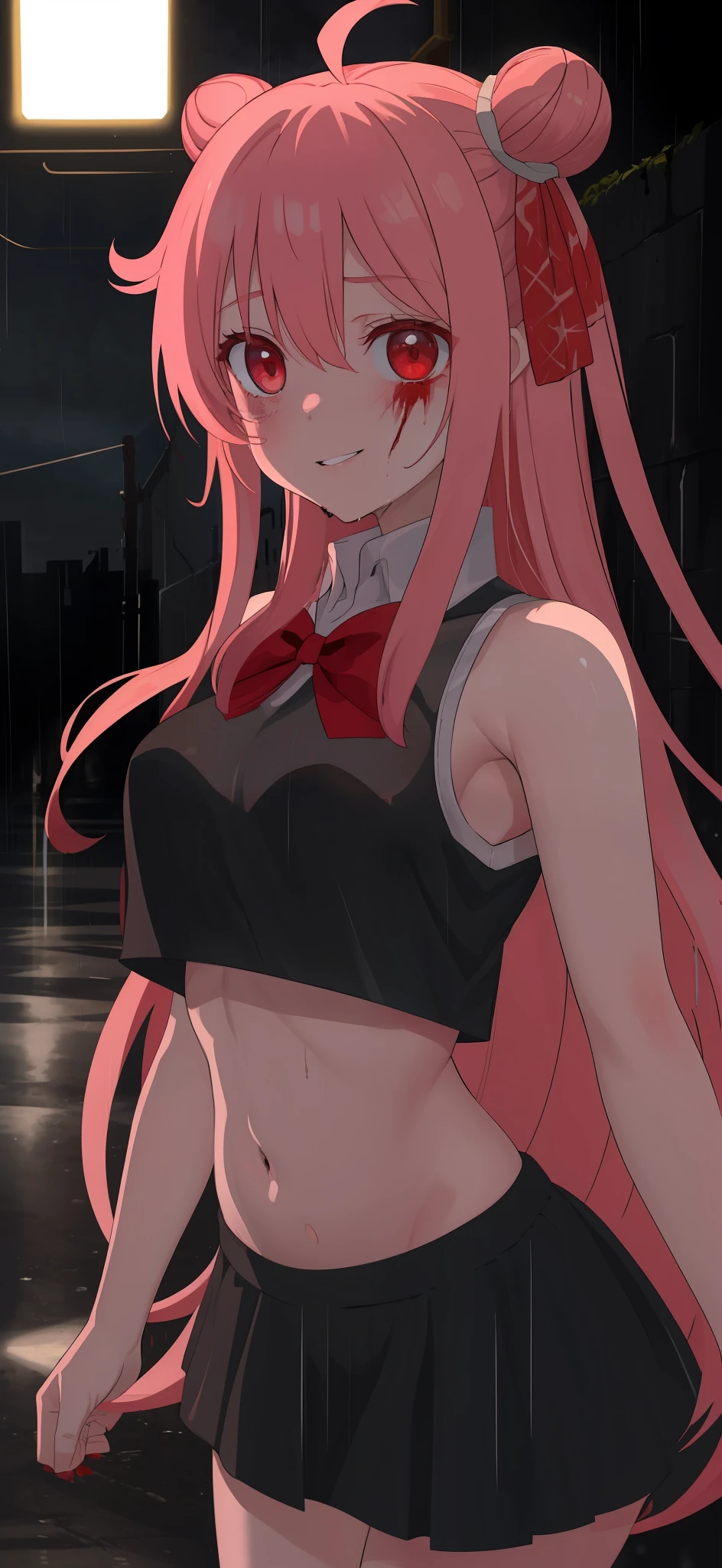 masterpiece, best quality, looking at viewer, bare legs, 1girl, solo, upper body, bow, black serafuku, smiling, night time, heavy rain, outdoors, city, crop top, navel, wet clothes, drenched, blood tears, blood marks, dark alleyway, blood splattered on the ground, red bright light, glowing eyes, depth of field, armpits