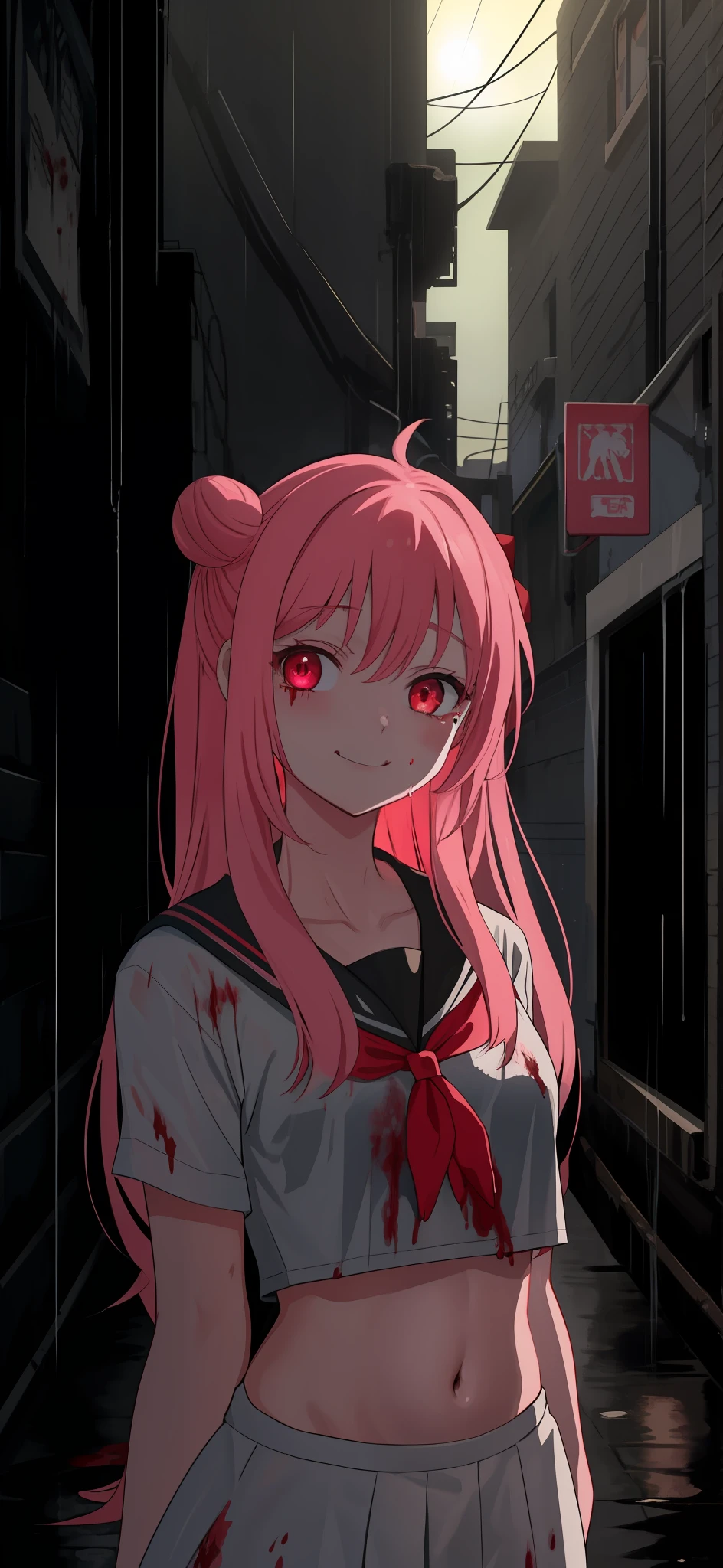 masterpiece, best quality, looking at viewer, bare legs, 1girl, solo, upper body, bow, black serafuku, smiling, night time, heavy rain, outdoors, city, crop top, navel, wet clothes, drenched, blood tears, blood marks, dark alleyway, blood splattered on the ground, red bright light, glowing eyes, depth of field, armpits