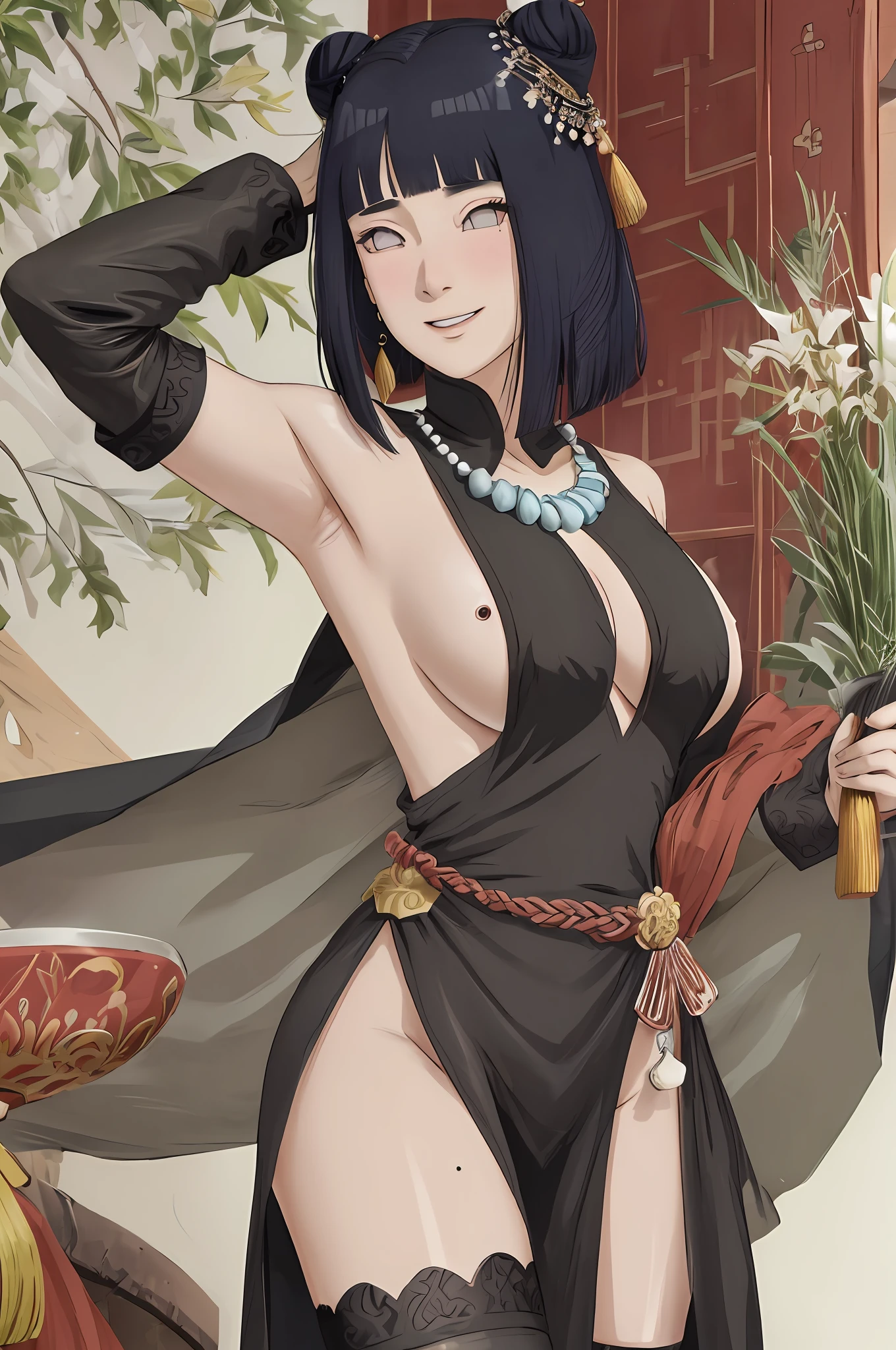 detailed skin texture, detailed cloth texture, beautifully detailed face, masterpiece, best quality, ultra detailed, 8k, intricate details, best quality, 1girl, bangs, bare_shoulders, black_hair, ancient china background, big breasts, thin, cape, cleavage, collarbone, green dress with patterns, gloves, hair_bun, hair_ornament, hair_stick, jewelry, one mole under eye, necklace, smile, solo, thighhighs, (hiqcgbody:0.5), (hiqcgface:0.5),  full-body shot, wide hips, slightly bigger eyes. bigger ass, round hips, blush