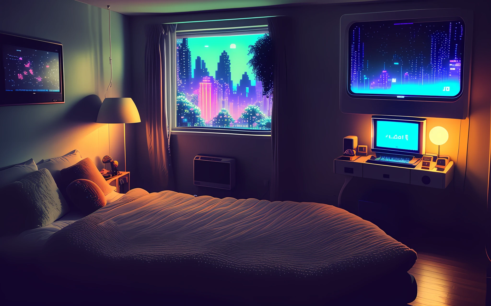 photo of a cozy upscale Atari-64 neo-gameboy futurism bedroom