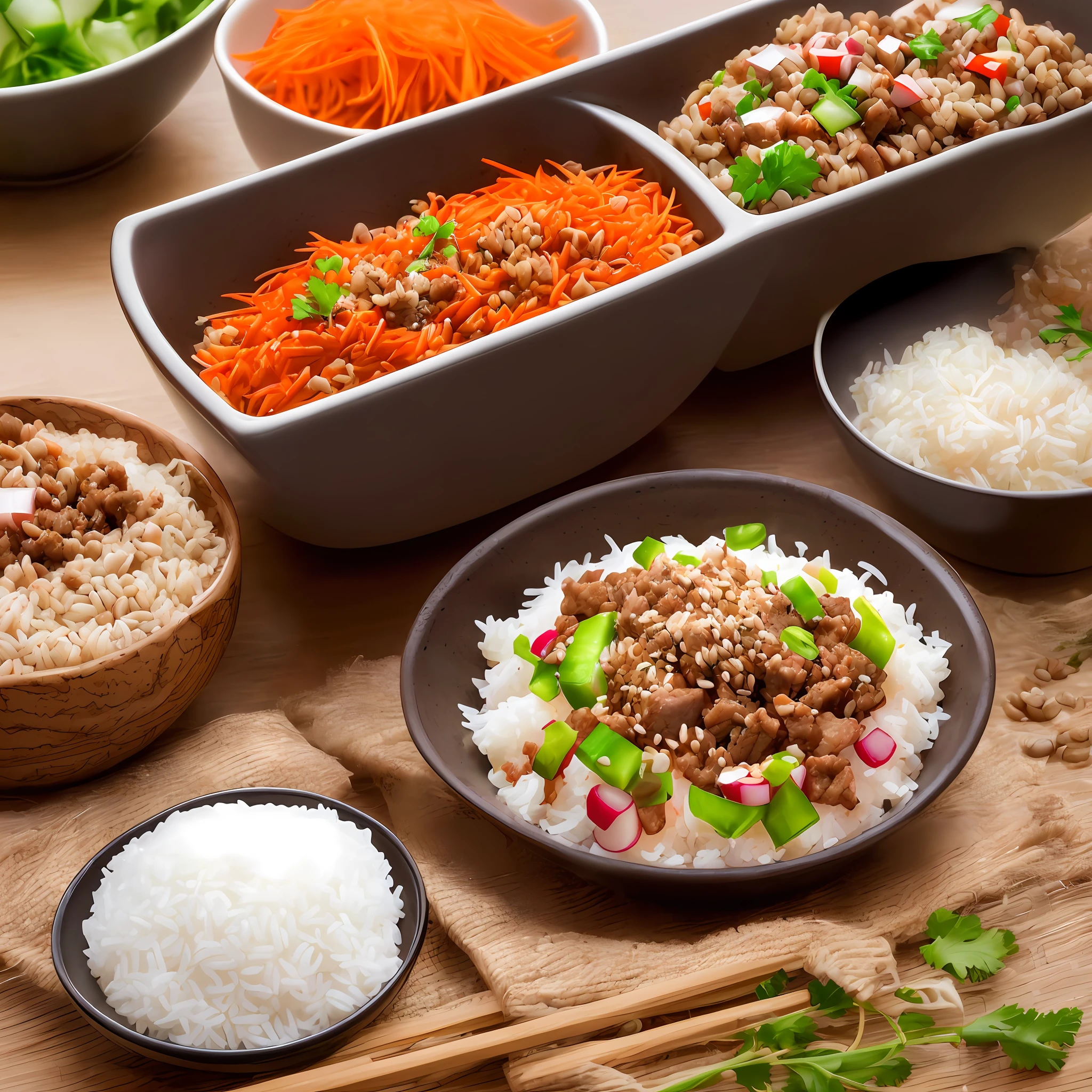 Photography, high quality, high resolution, dog eating, stainless rice bowl, minced pod, minced meat, radish cut into small cubes, grains, rice, carrot in small cubes, cat