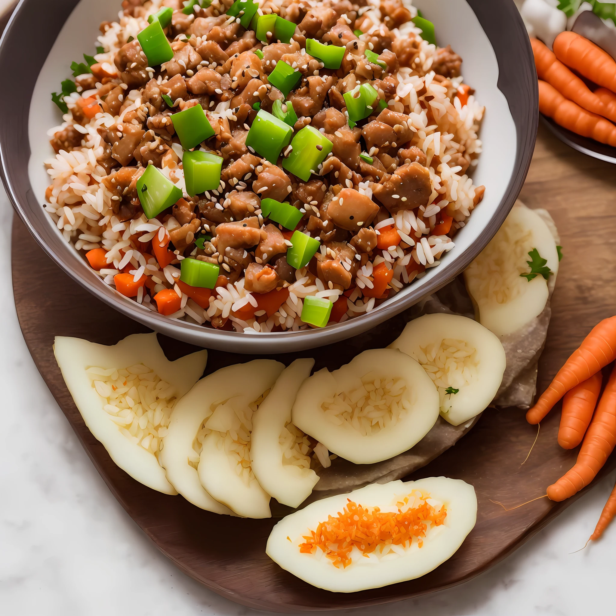 Photography, high quality, high resolution, dog eating, stainless rice bowl, minced pod, minced meat, radish cut into small cubes, grains, rice, carrot in small cubes, cat