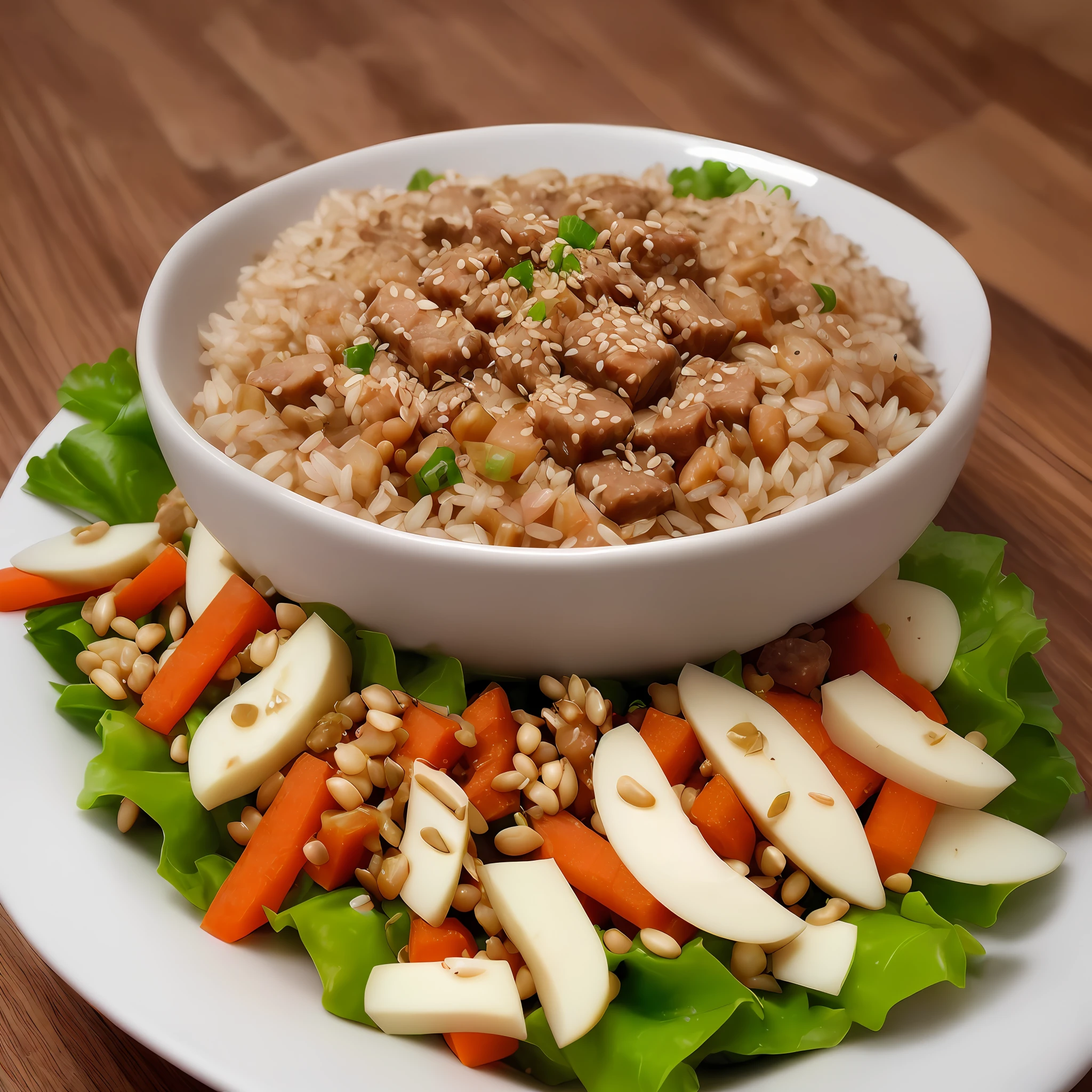 Photography, high quality, high resolution, dog eating, stainless rice bowl, minced pod, minced meat, radish cut into small cubes, grains, rice, carrot in small cubes, cat
