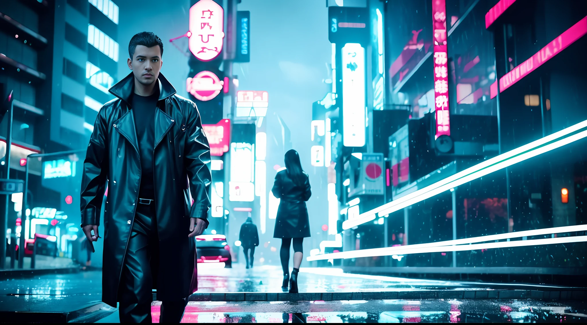 there is a person standing in the rain in a city, rainy cyberpunk city, futuristic cyberpunk tokyo night, in a futuristic cyberpunk city, in cyberpunk city, neon rainy cyberpunk setting, in a cyberpunk city, at a cyberpunk city, at an cyberpunk city, cyberpunk atmosphere, cyberpunk art style, blade runner vibes, cyberpunk dreamscape, cyberpunk in a cyberpunk city, cyberpunk aesthetic