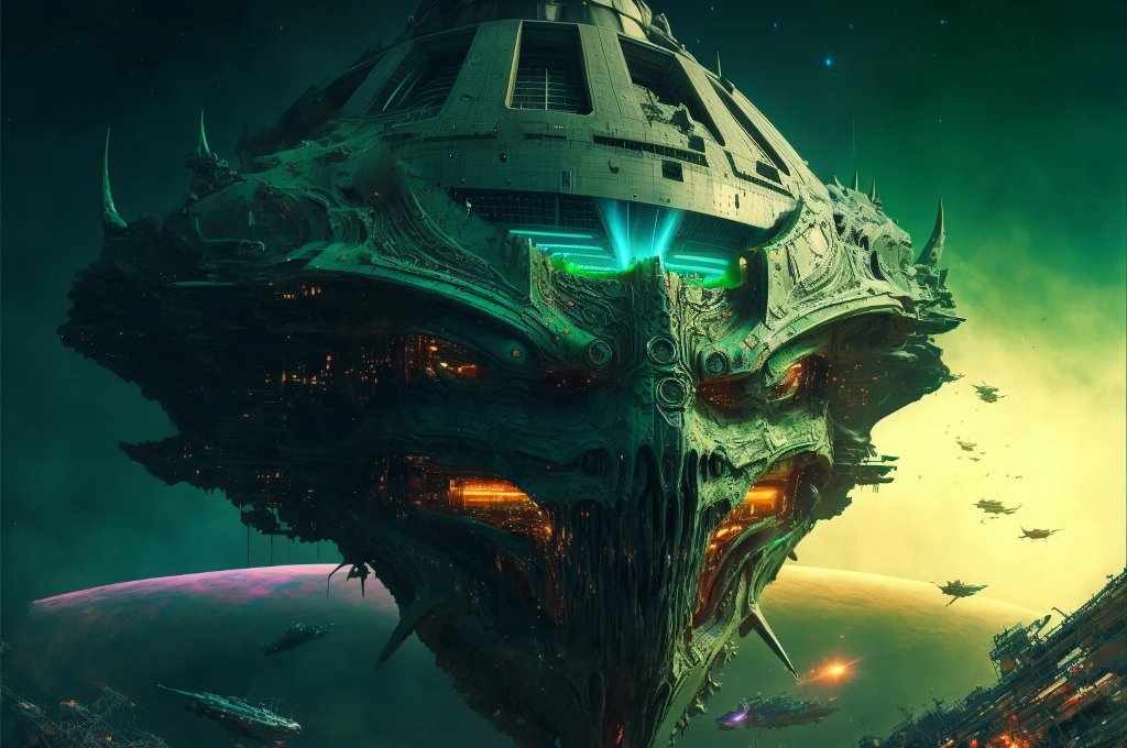 Massive starship in the shape of an elfin head representing the Immanentization of the Eschaton, Armageddon, Revelations mandelbulber texturing of multiple modular layered metal and ceramic overlays, dropping from orbit, glowing purple plasma energy field surrounds it, entering upper atmosphere, sci fi, epic, suspense, cinematic, hyper detailed, hyper realistic, 8k, castle on head
