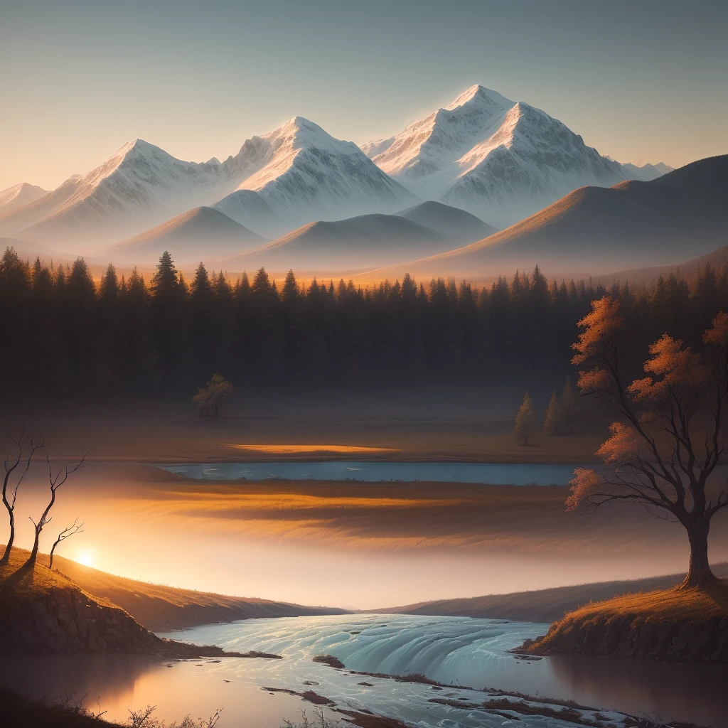 A simple and beautiful landscape painting, based on "dead vines, old trees, faint crows, small bridges and flowing water", the picture shows the ancient road and thin horse in the distance, the sunset is west, gradually disappearing between the mountains and forests, making people feel a feeling of a broken intestine in the end of the world. The picture is rich in details, the image is full of color, the overall atmosphere is poignant and far-reaching, and the poetry and painting reflect each other, full of literary artistic conception.