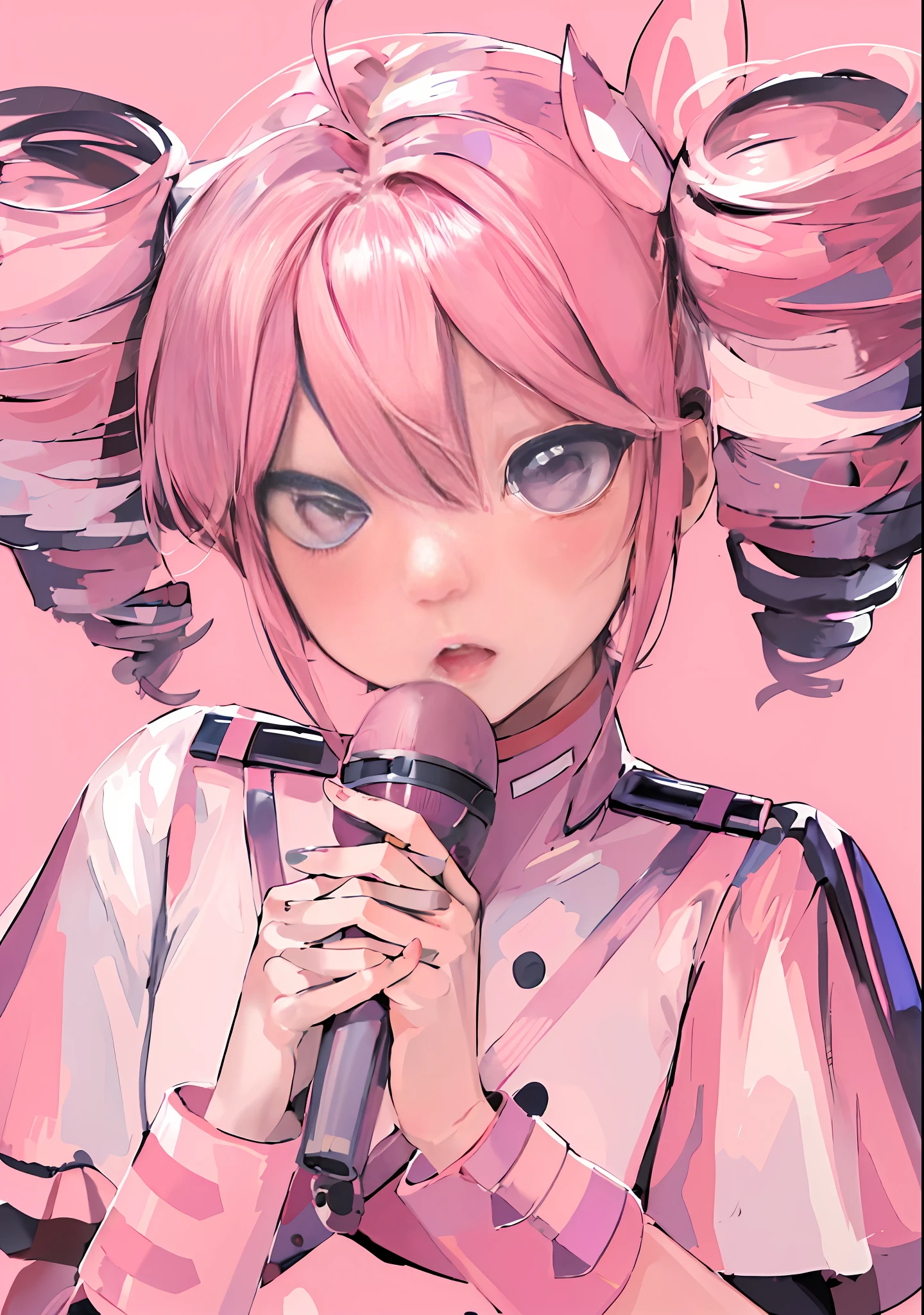 ((Masterpiece:1.2, Superlative)), Super Precision, Super Precision, Super Precision, (Zentangle:1.2), (Dynamic Pose), (Abstract Background:1.5), Anime Girl with Pink Hair in Uniform Holding a Microphone, Kasane Teto Fan Art, (Anime Girl), Anime Moe Art Style, Pink Twintail Hair, Waifu, Official Illustration, Portrait of Anime Girl