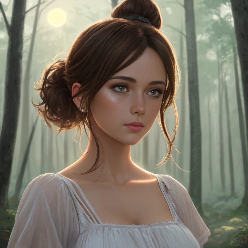 Medium shot, full body, portrait, Brunette, cute, Soft lighting, brown hair, sundress, pretty clothes, beautiful realistic, moonlit, nighttime, sad, crying, detailed gorgeous face, grungy, Concept art, , Digital art, High quality, Cinematic lighting, Centered, Artstation, Illustration, Details, Portrait, beautiful young short bob hair, young, digital painting, concept art, smooth, sharp focus, ponytail, boobs, desolate dying forest, freckles