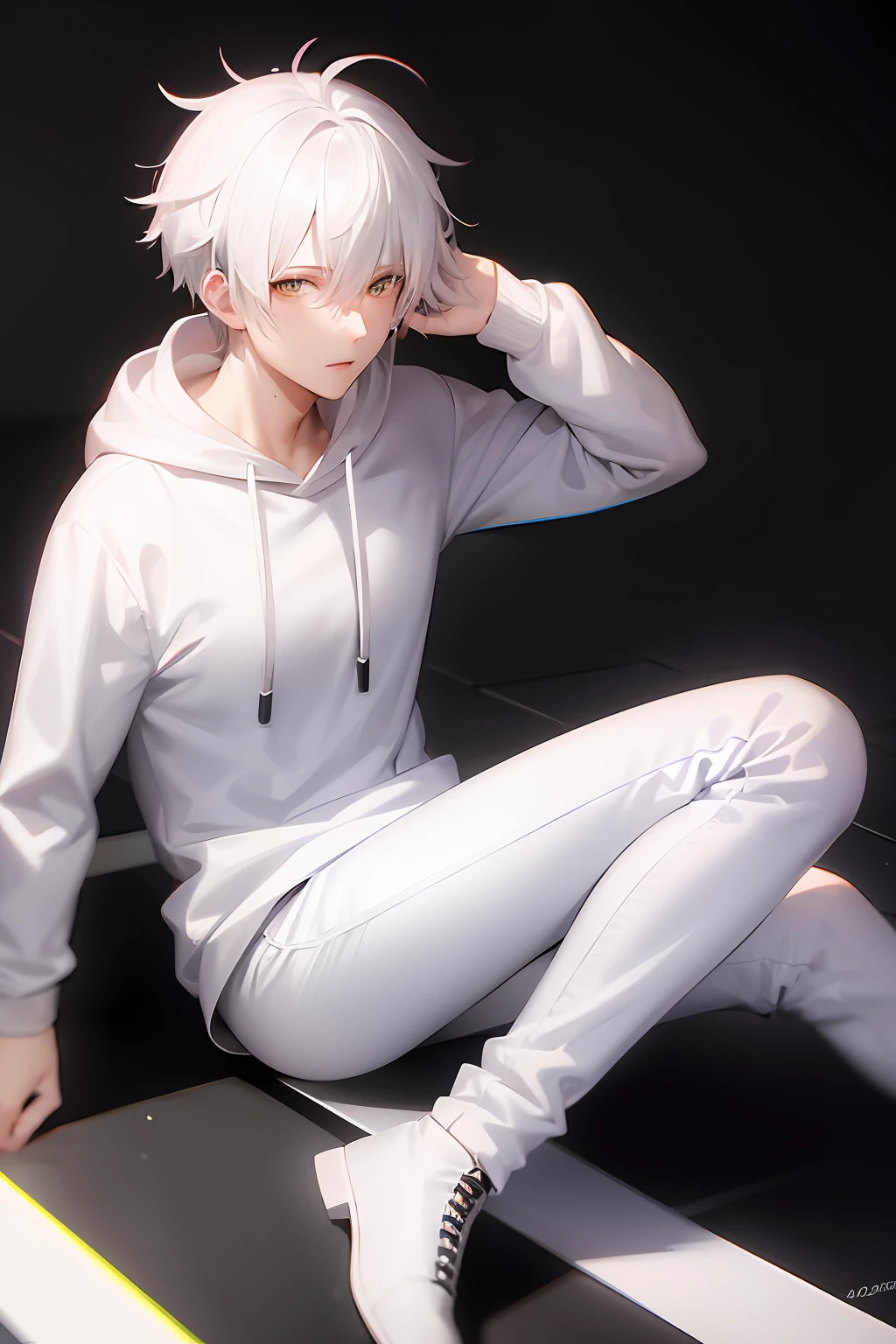 male, white hair, black hoodie, white t-shirt, white boots, black pants, anime
