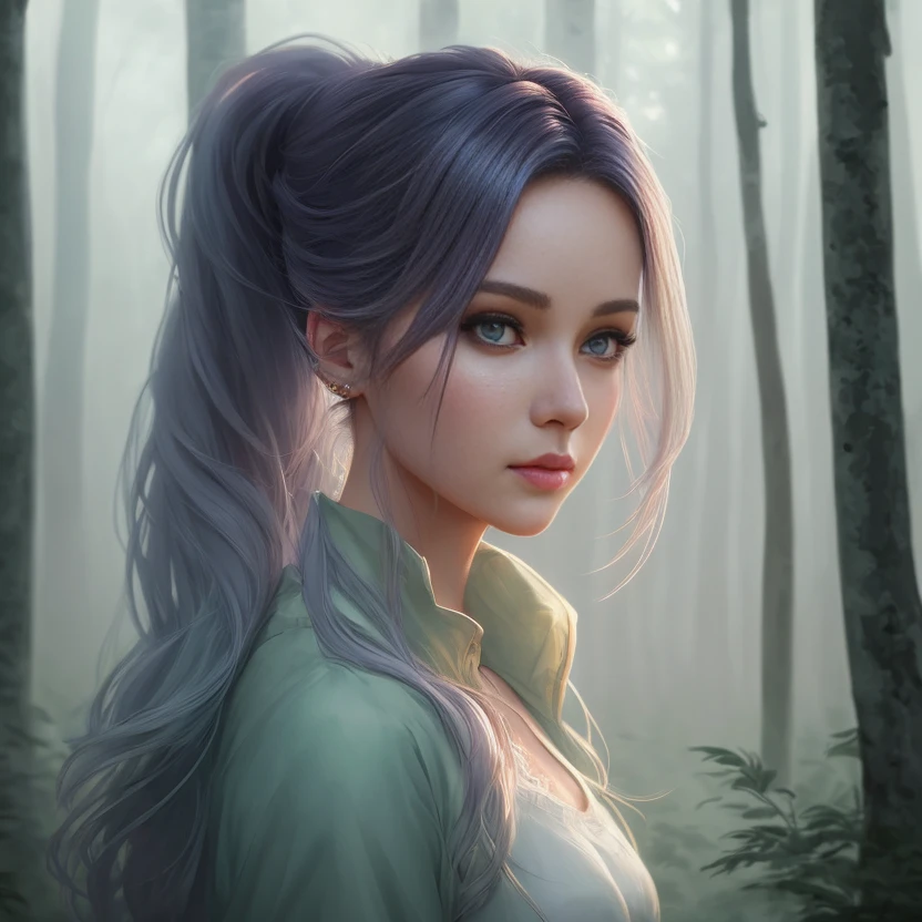 ethereal, cute, beautiful, detailed gorgeous face, grungy, foggy forest background, ombre hairstyle, Concept art, , Digital art, High quality, Cinematic lighting, Soft lighting, Centered, Artstation, Illustration, Details, Portrait, digital painting, concept art, smooth, sharp focus, ponytail,