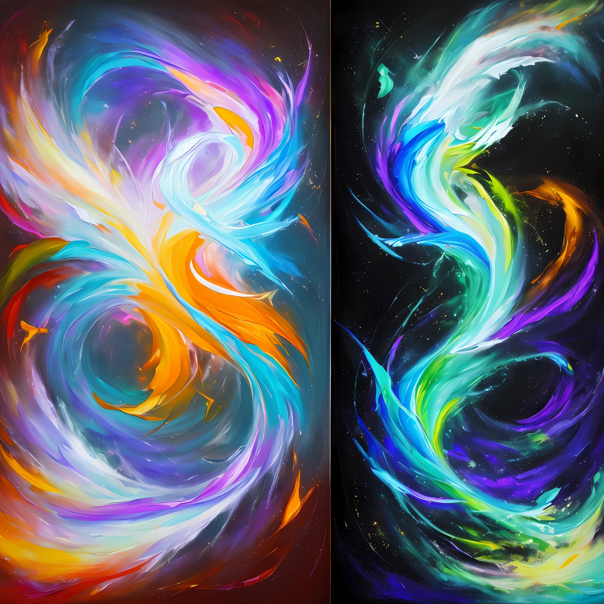 photo of duality opposed, abstract, lights and ethereal fantasy, (oil painting), two are one and the same, fusion of opposites, mix of opposites