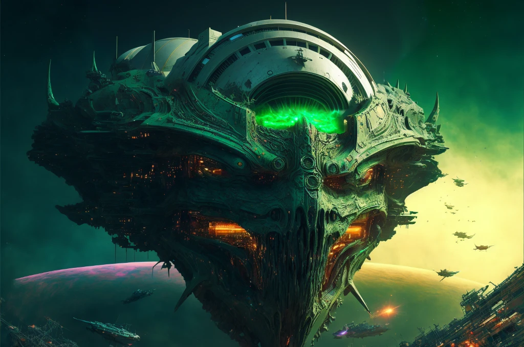 Massive starship in the shape of an elfin head representing the Immanentization of the Eschaton, Armageddon, Revelations mandelbulber texturing of multiple modular layered metal and ceramic overlays, dropping from orbit, glowing green plasma energy field surrounds it, entering upper atmosphere, sci fi, epic, suspense, cinematic, hyper detailed, hyper realistic, 8k, medieval castle on head