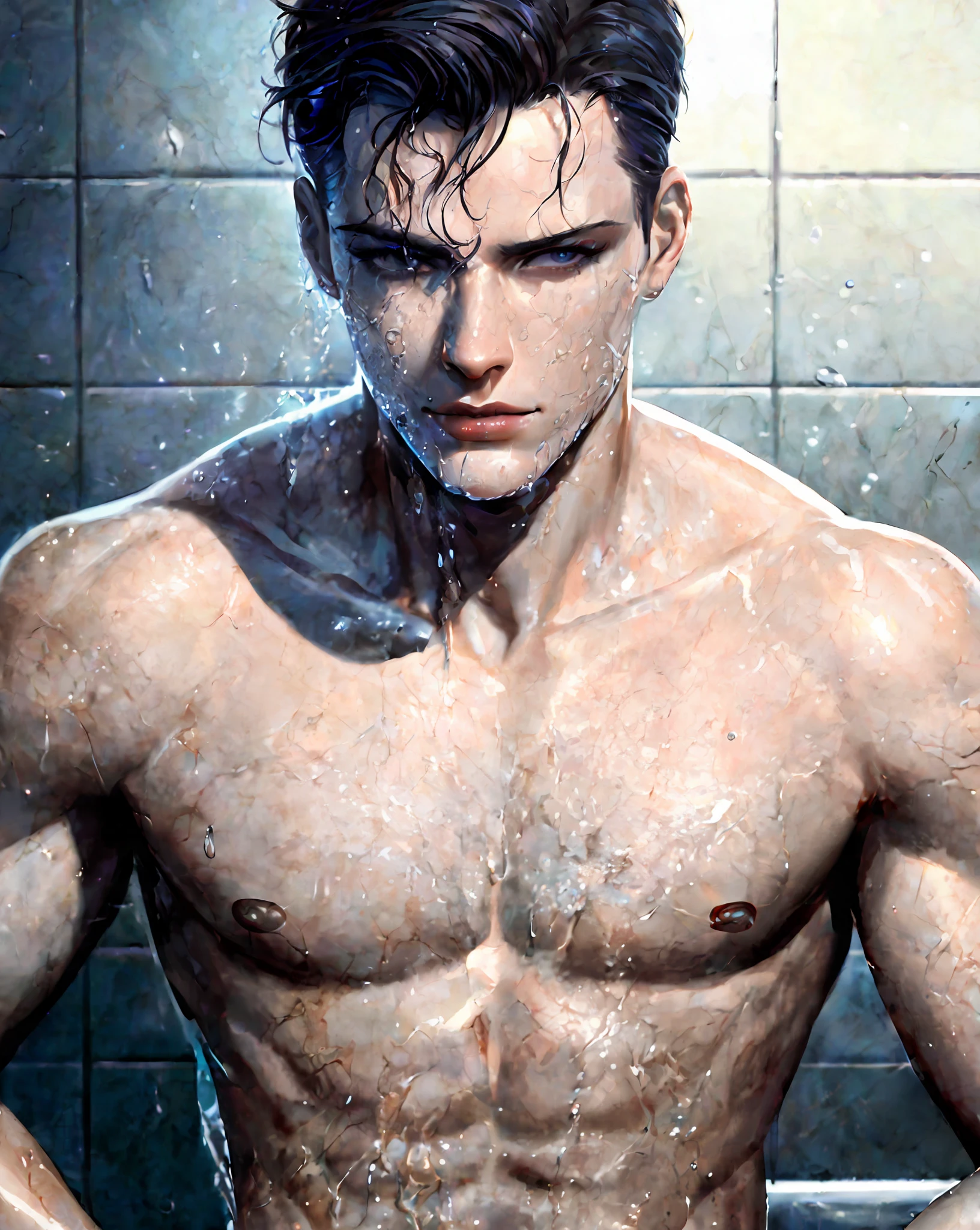 a man that is standing in the shower with his hands on his hips, shirtless :: high detail, handsome stunning realistic, male art, style of charlie bowater, water dripping off him, wet shiny skin, ultra realistic digital painting, photorealistic artstyle, neoartcore and charlie bowater, hyper realistic illustration, male model, inspired by Adam Dario Keel