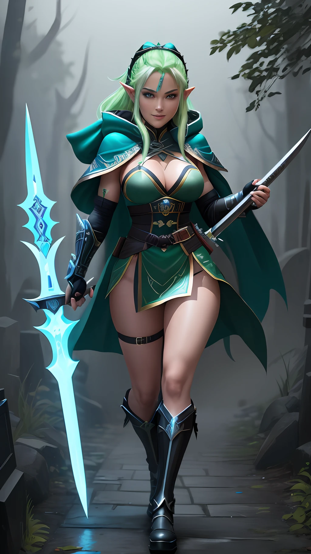 full body photo, 8k, Unreal Engine 5, masterpiece, extremely detailed, maximum quality. Mortal Kombat+Princess Zelda, blue eyes, green hair, size XL bust, wearing a ninja outfit with mask and hood, green with black accents,holding an ice katana, wielding it towards the viewer.Looking at viewer with malevolent smile. Cemetery with rain and fog.
