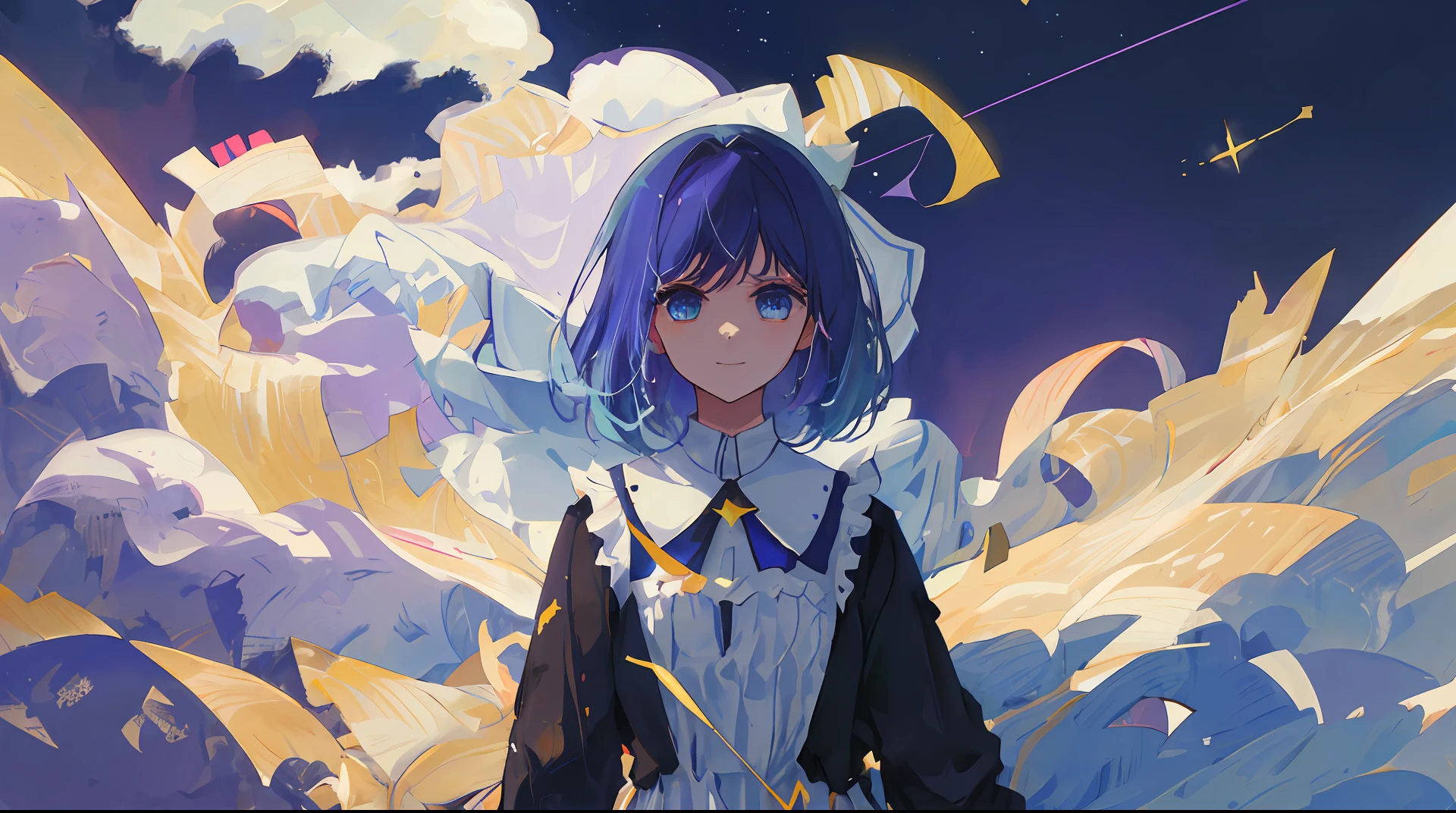 solo, 1girl, masterpiece, best quality, extremely detailed, Cinematic lighting, intricate detail, highres, official art, finely detailed beautiful face and eyes, high resolution illustration, 8k, dark intense shadows, overexposure,((space)), universe, short blue hair, blue hair, star pupil eyes, beautiful blue eyes, gradient hair, white dress, simple dress, fluttering dress, long sleeves, detailed clouds, gradient sky, yellow eyes, purple sky, black sky, stars, ((milky way)), smile, looking at viewer, upper body