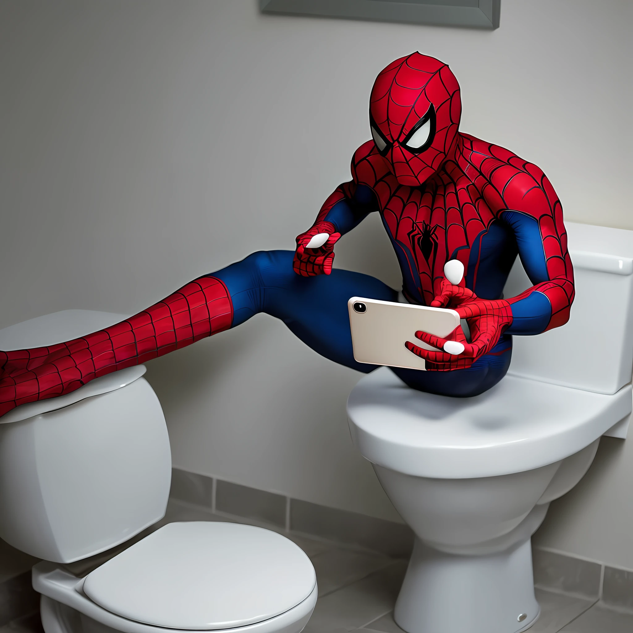 Spiderman, sitting on a toilet, looking at his phone