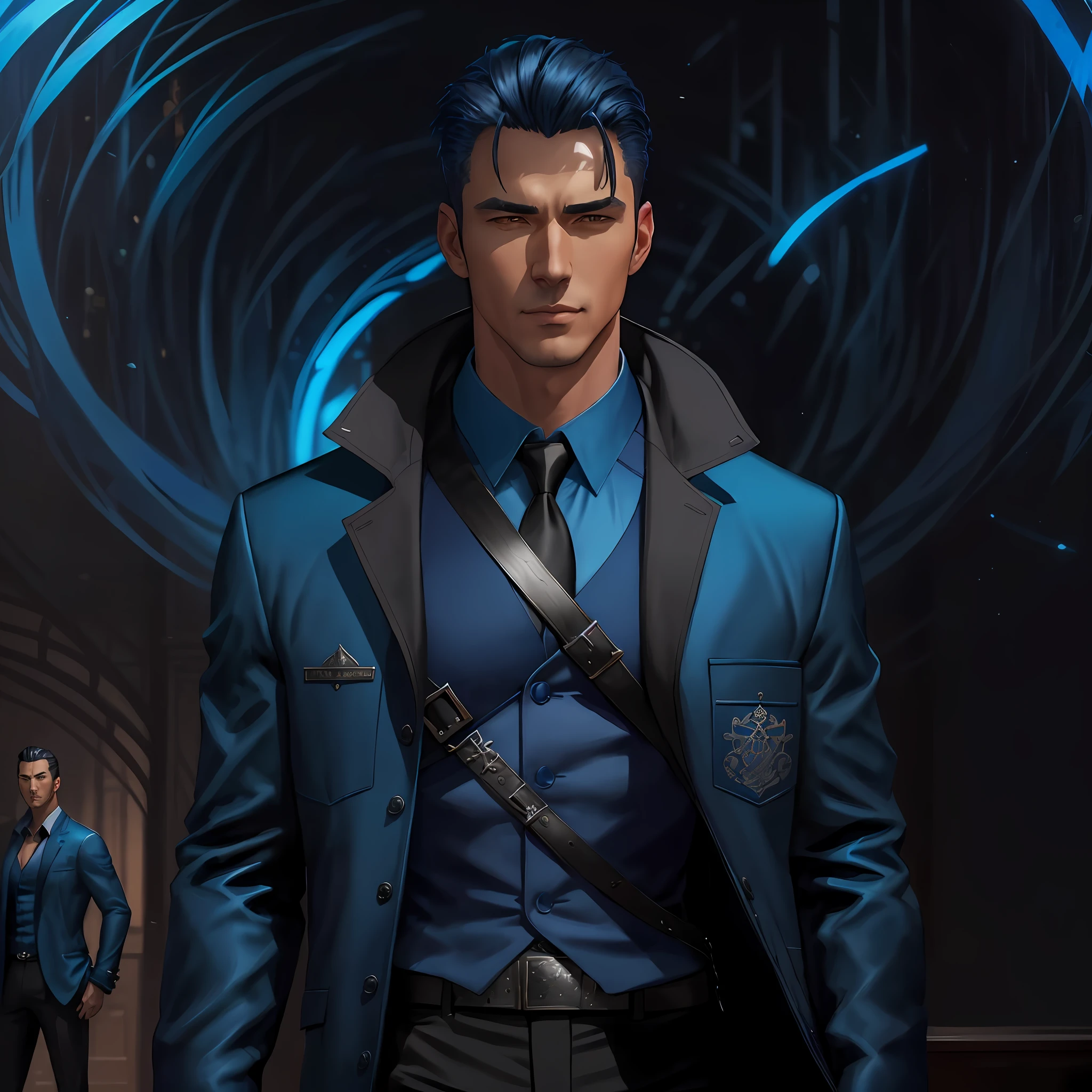 a man in a blue shirt and black jacket, background artwork, male art, handsome stunning realistic, inspired by Adrian Zingg, detailed character portrait, ferdinand knab background, a portrait of the character, official character art, human male character art, handsome man, promo art, character profile art, wearing blue jacket, promotional art, male character, character portrait art