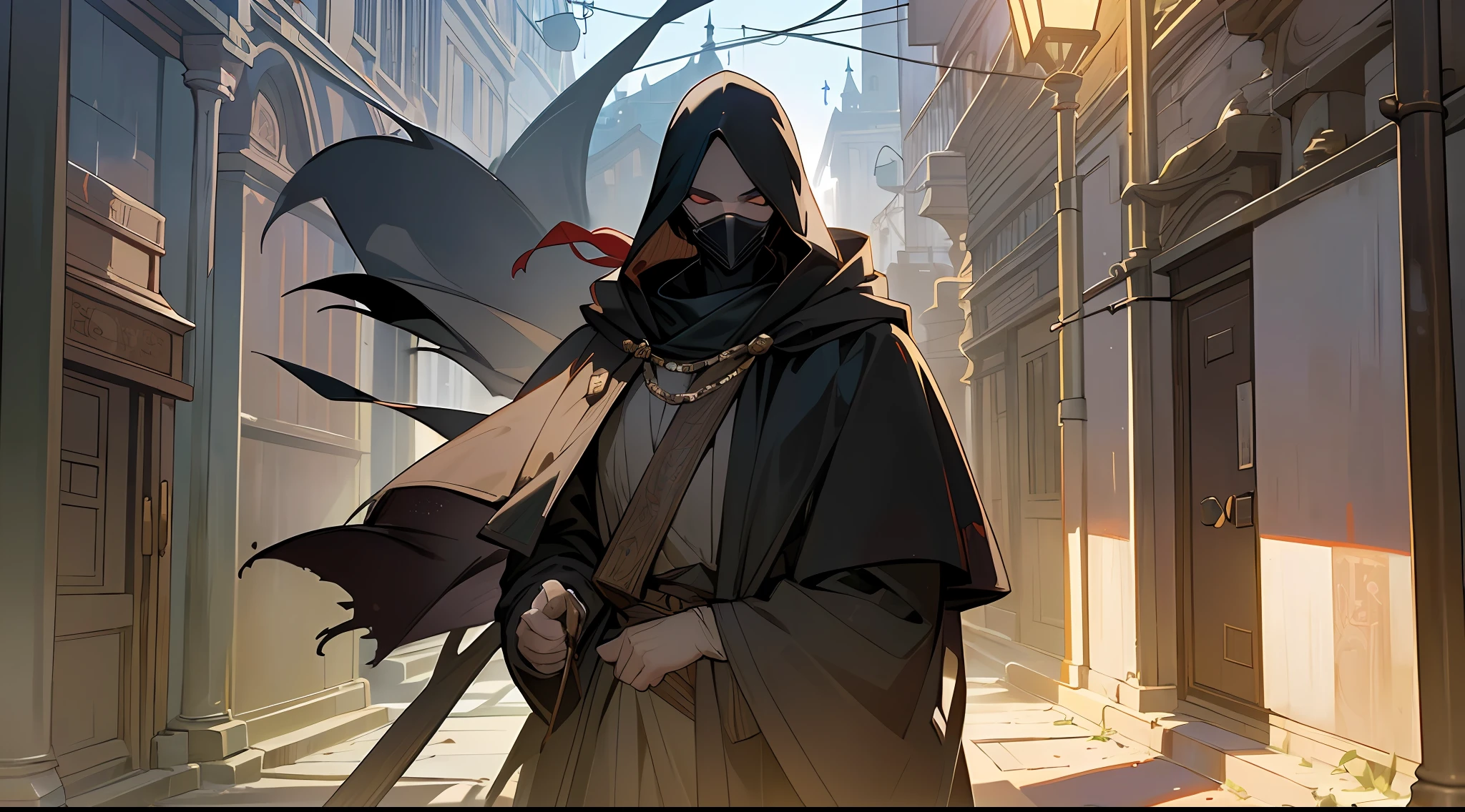 Masterpiece, better quality, (very detailed CG unit 8k wallpaper) (best quality), (best illustration), (upper body), (best shadows) In a narrow and tortuous alley, a masked executioner wears a dark cloak that floats in the wind, while the dim light of oil lanterns creates grotesque shadows on the muddy, medieval, ray tracing, sinister environment, ultra detailed, --v6