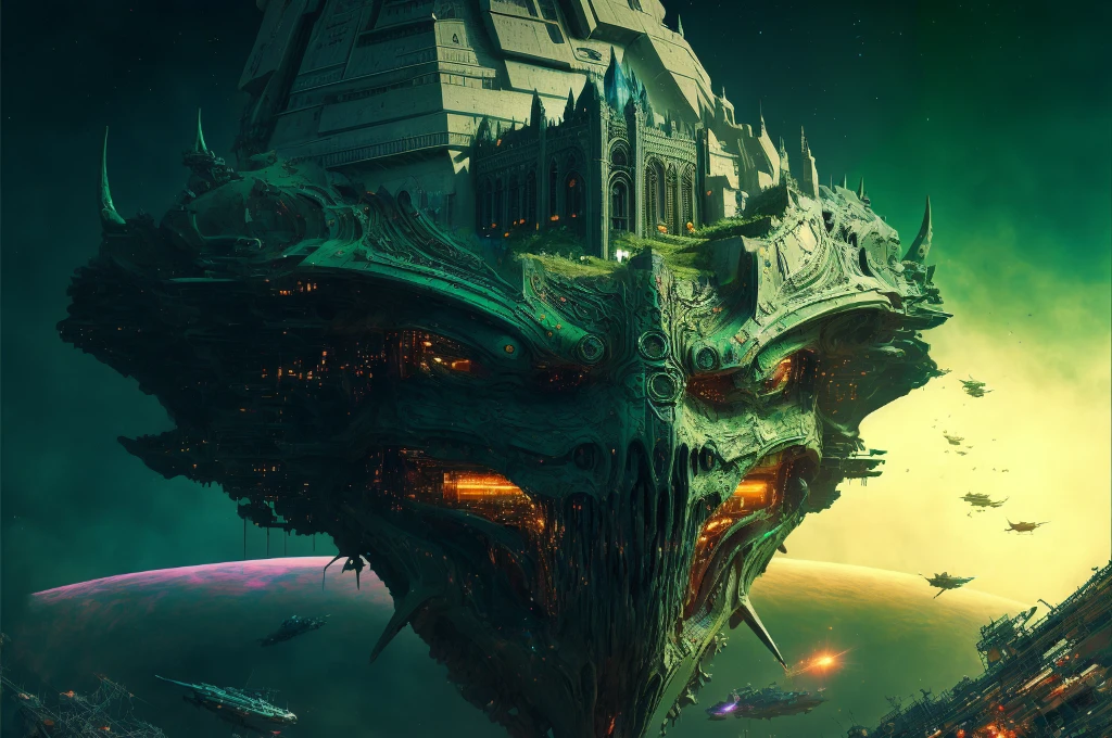 Massive starship in the shape of an elfin head representing the Immanentization of the Eschaton, Armageddon, Revelations mandelbulber texturing of multiple modular layered metal and ceramic overlays, dropping from orbit, glowing purple plasma energy field surrounds it, entering upper atmosphere, sci fi, epic, suspense, cinematic, hyper detailed, hyper realistic, 8k, medieval castle on head