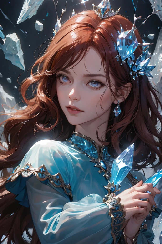 (absurdres, highres, ultra detailed), 1woman, mature female, aged up, wavy long hair, auburn hair, coral eyes, bangs, long sleeves, finely detailed eyes and detailed face, extremely detailed CG unity 8k wallpaper, intricate details, (style-swirlmagic:1.0),  looking at viewer, solo, upper body, detailed background, close up,  detailed face, (gothic dark ages theme:1.1), crystal sorcerer,  dynamic pose, earth themed clothes, crystal crown,  floating in the air, glowing magical shards, surrounded by blue magical crystals,  rock formations, stalactites,  magical floating particles, crystal glass,  crystal sphere, crystal canyon background, (shallow water:0.7),  epic ethereal atmosphere,   updraft,, portrait