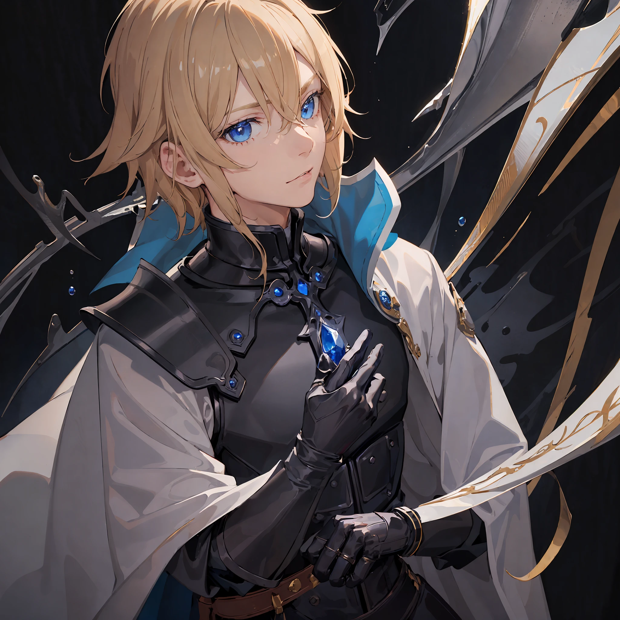 masterpiece, best quality, 1man, adult, male focus, solo, medium blonde hair, vibrant blue eyes, gloves, looking at viewer, cape, High quality metal texture, semi metal armor, closed mouth, black metalic gloves, upper body, bangs, high collar,(kbxll:0.6), Fantasy aesthetics, Highly detailed