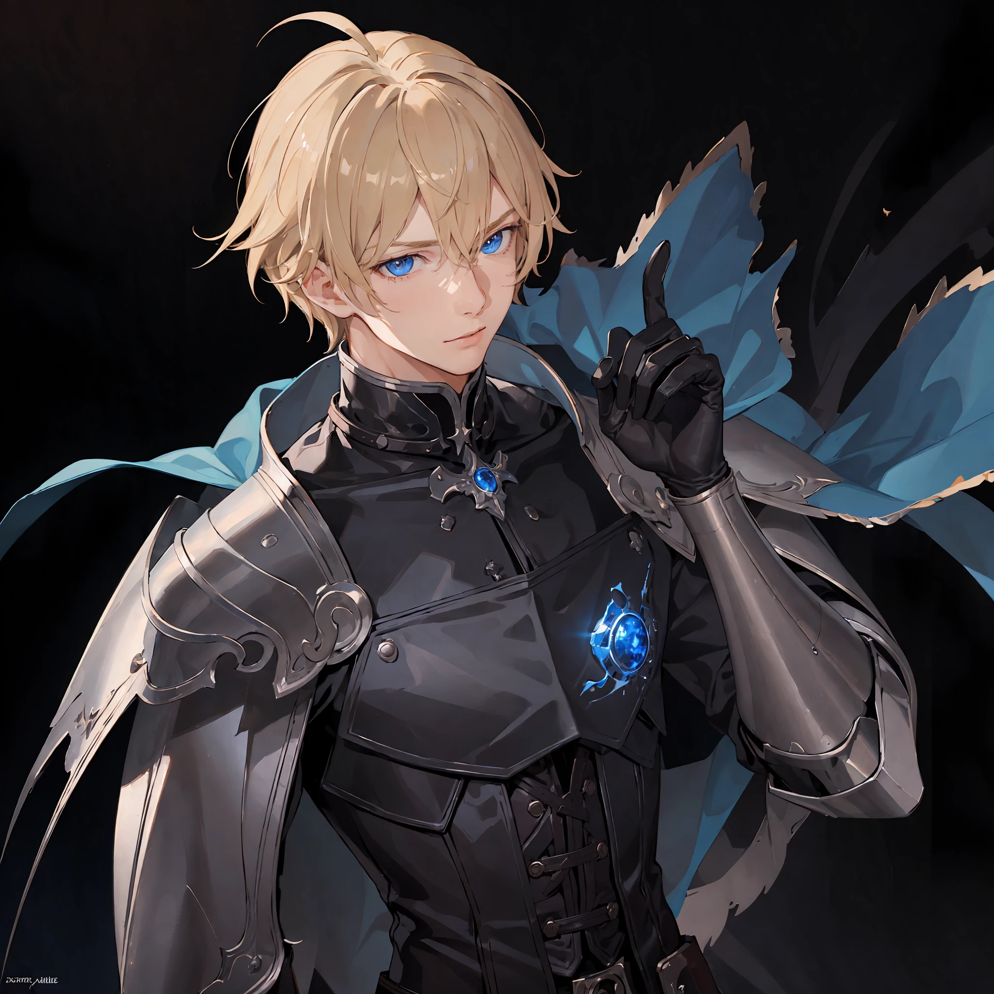 masterpiece, best quality, 1man, adult, male focus, solo, medium blonde hair, vibrant blue eyes, gloves, looking at viewer, cape, High quality metal texture, semi metal armor, closed mouth, black metalic gloves, upper body, bangs, high collar,(kbxll:0.6), Fantasy aesthetics, Highly detailed